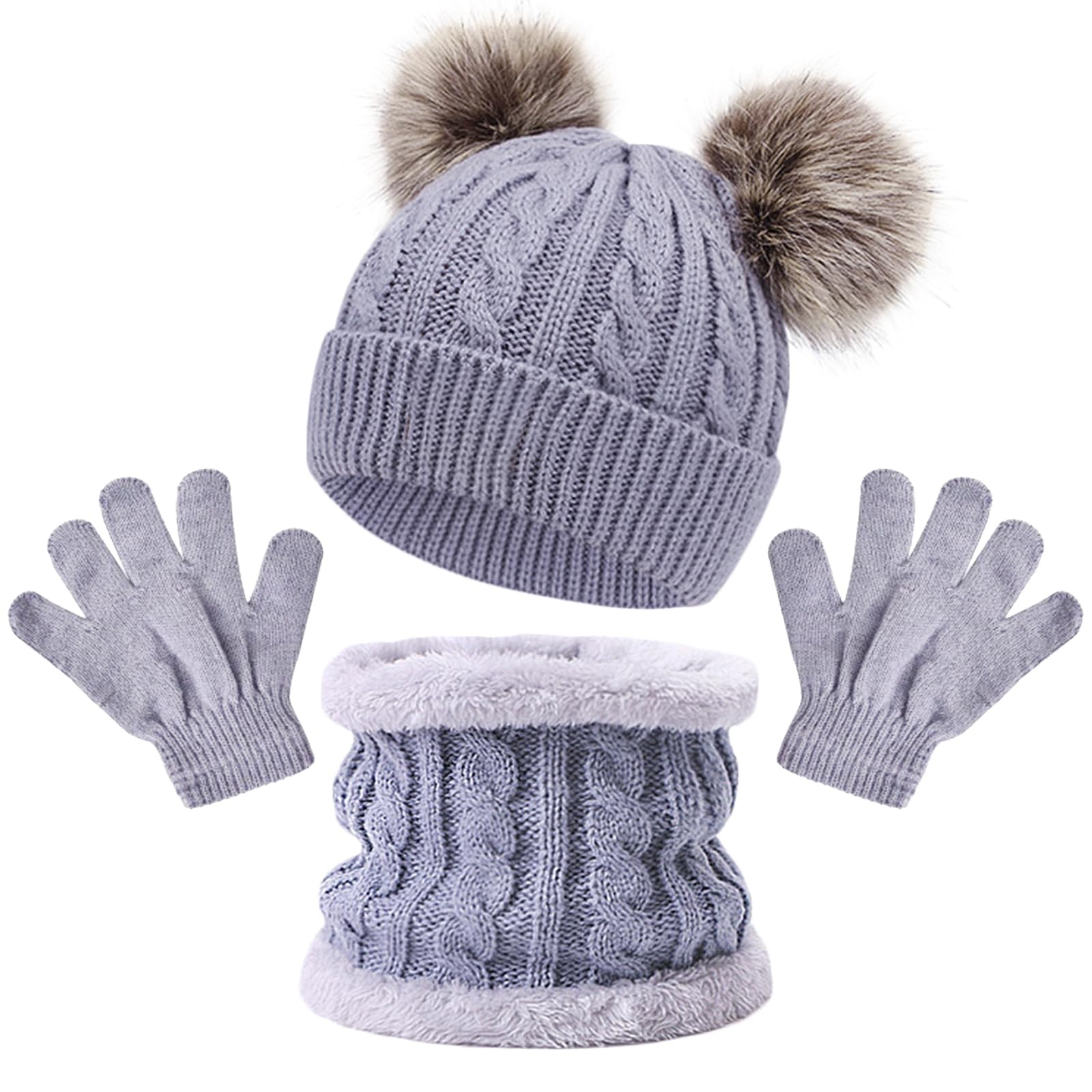 JSTHHTT 3 in 1 Conjunto de Gorro Bufanda y Guantes Niños, Térmico Pompón Beanie Gorro, Sombrero de Punto Invierno Cálido con Pompon, para Niños Niñas 2-4 Años