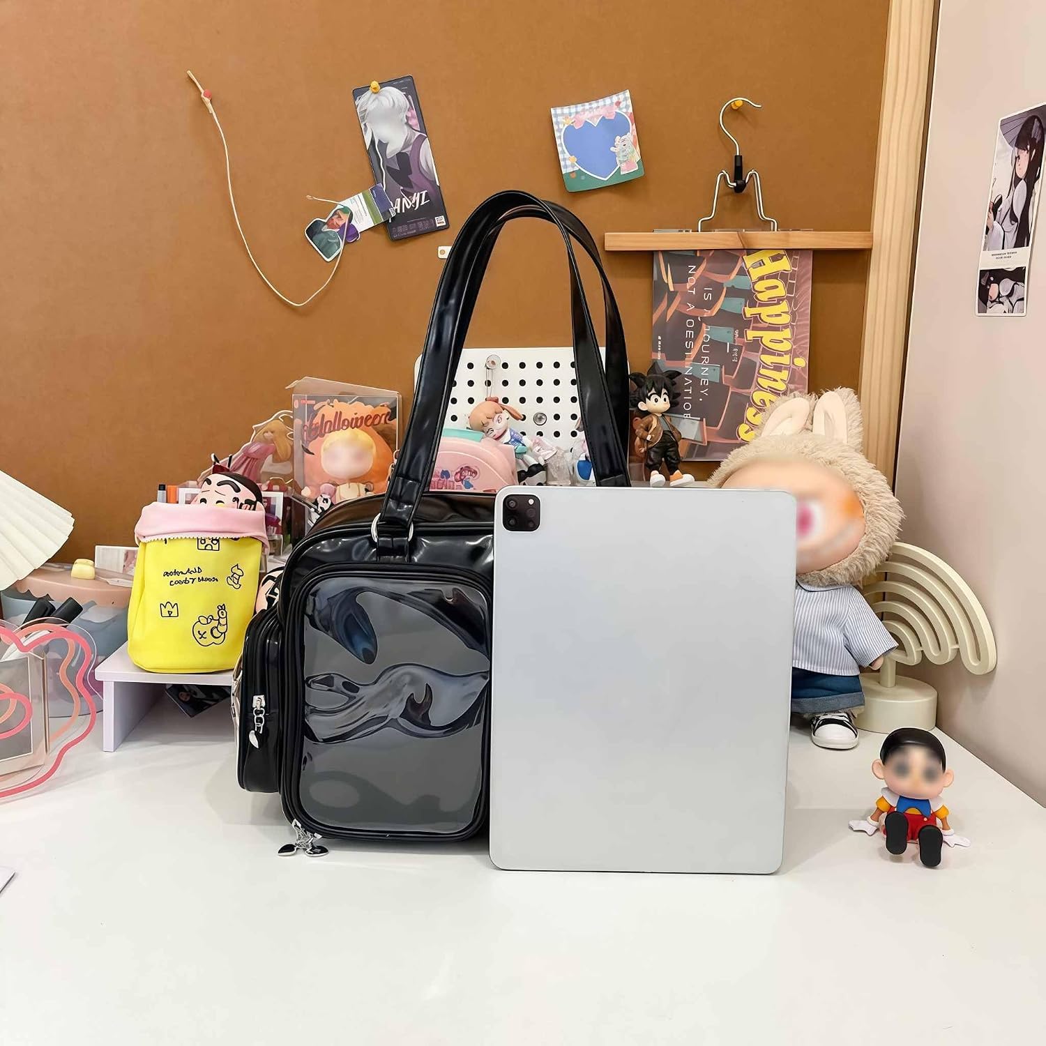 Black Ita Bag Crossbody, Japanese School Messenger Bag, Pin Display Bag, Cute Messenger Shoulder Bag for Women, Kawaii Tote Bag, Emo Grunge Gothic Bag, Large Crossbody Messenger Bag for School