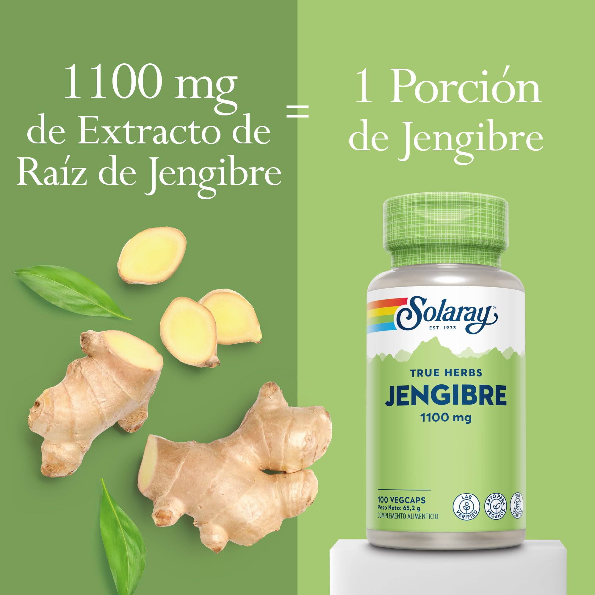 Jengibre – 100 cápsulas veganas – Suplemento de jengibre de alta resistencia, no tabletas ni chupitos, raíz de Zingiber Officinale, sin OMG y verificado en laboratorio Solaray