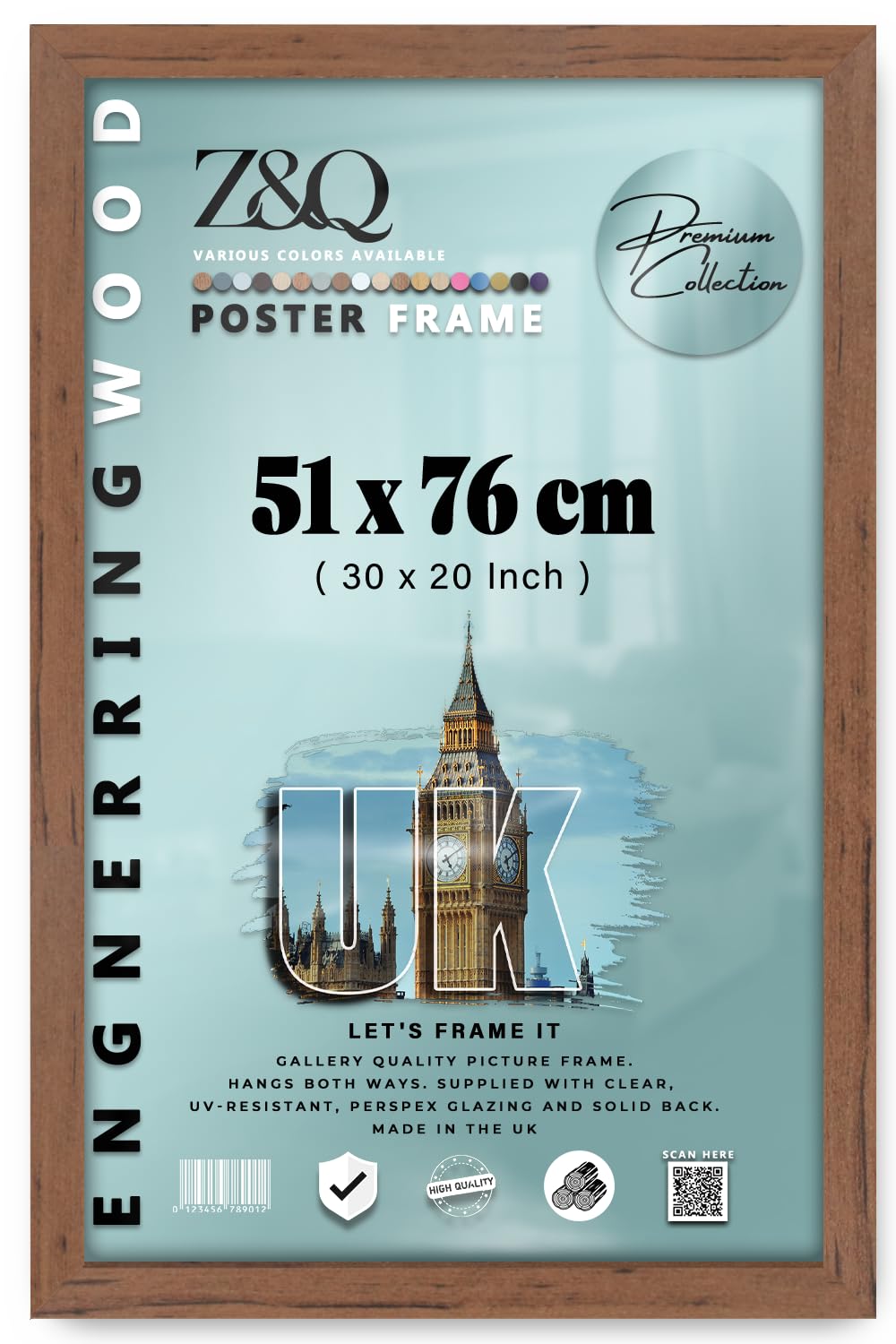 Z&Q - Elegant Eton Wood (51 x 76 CM) Poster Frame | Portrait/Landscape Display 30 x 20 Inch Picture Frame Ideal for Art and wall Décor [ Walnut ]
