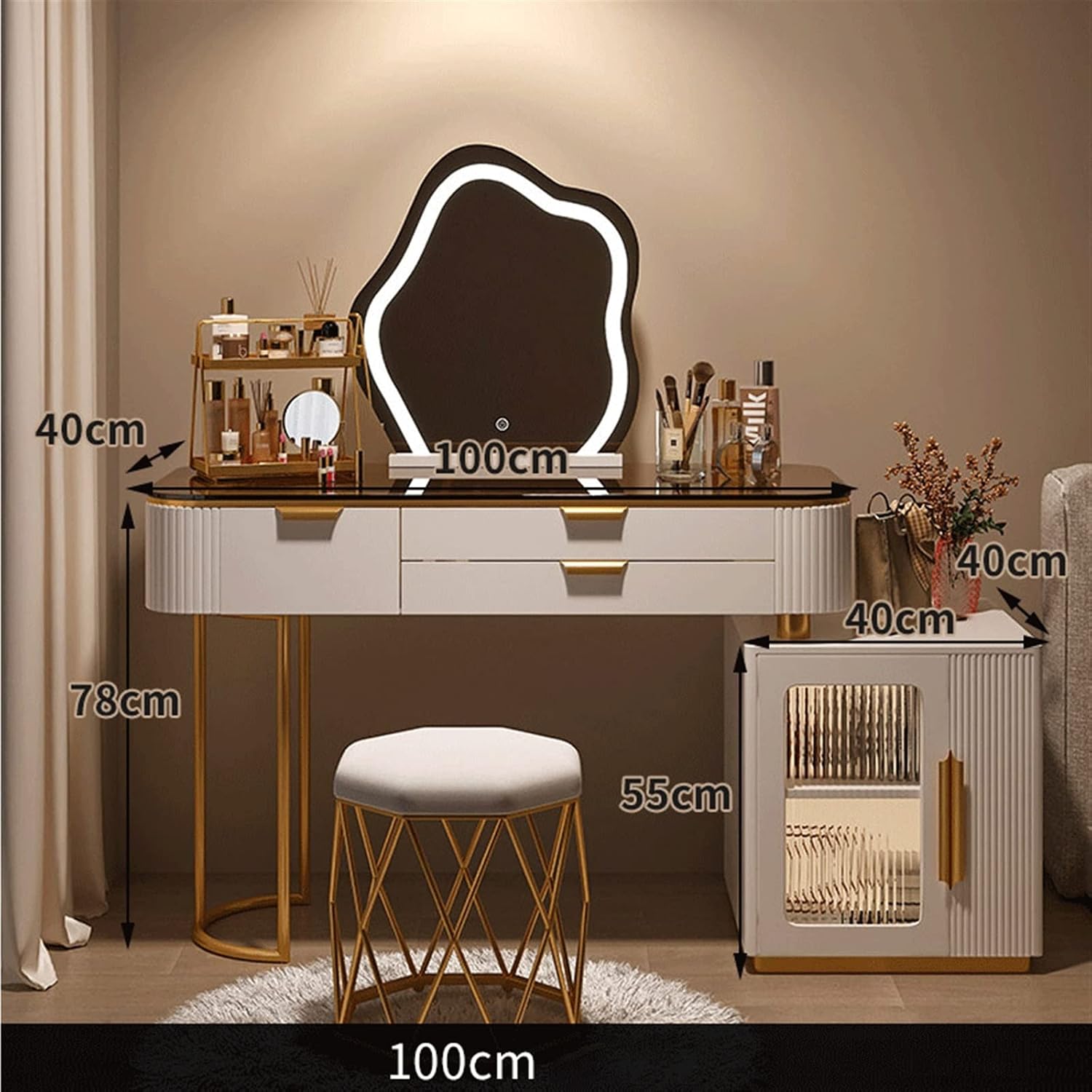 Vanity Dressing Table Set Luxury Makeup Bench with 3 Colors Led Hd Mirror,Comfortable Stool Drawers Cabinet,Modern Simple Style,for Girl's Gift (Size : 120cm) ()