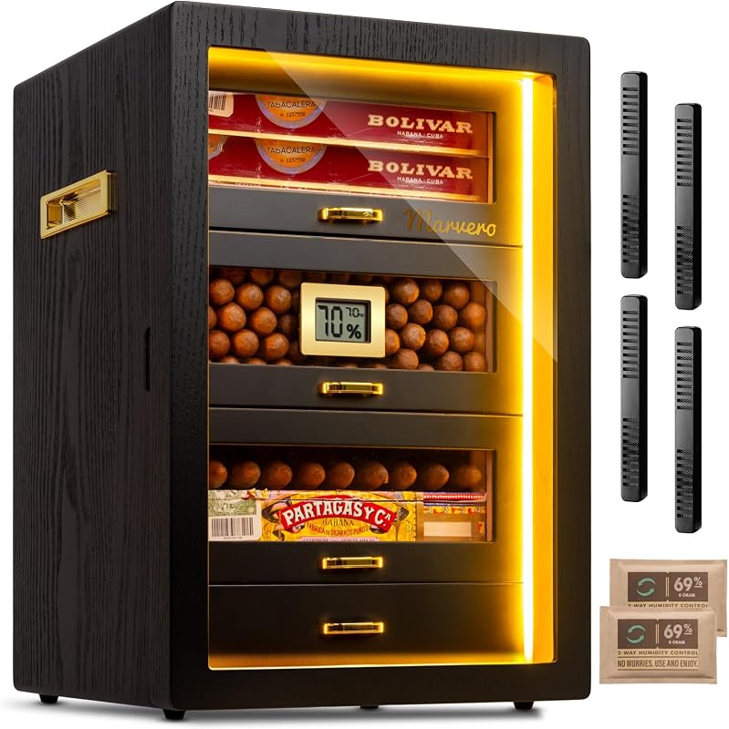 200-Count Black Cigar Humidor Cabinet with Digital Hygrometer, LED | Black finish, 4 cedar drawers, triple-sided light, digital hygrometer, humidifier and humidity packs included, Gift for Man