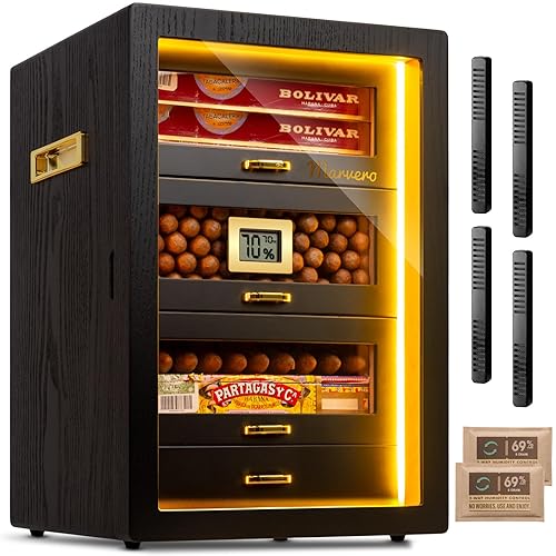 Cigar Humidor, Desktop Humidor Cabinet Triple-Sided Light with Digital Hygrometer,