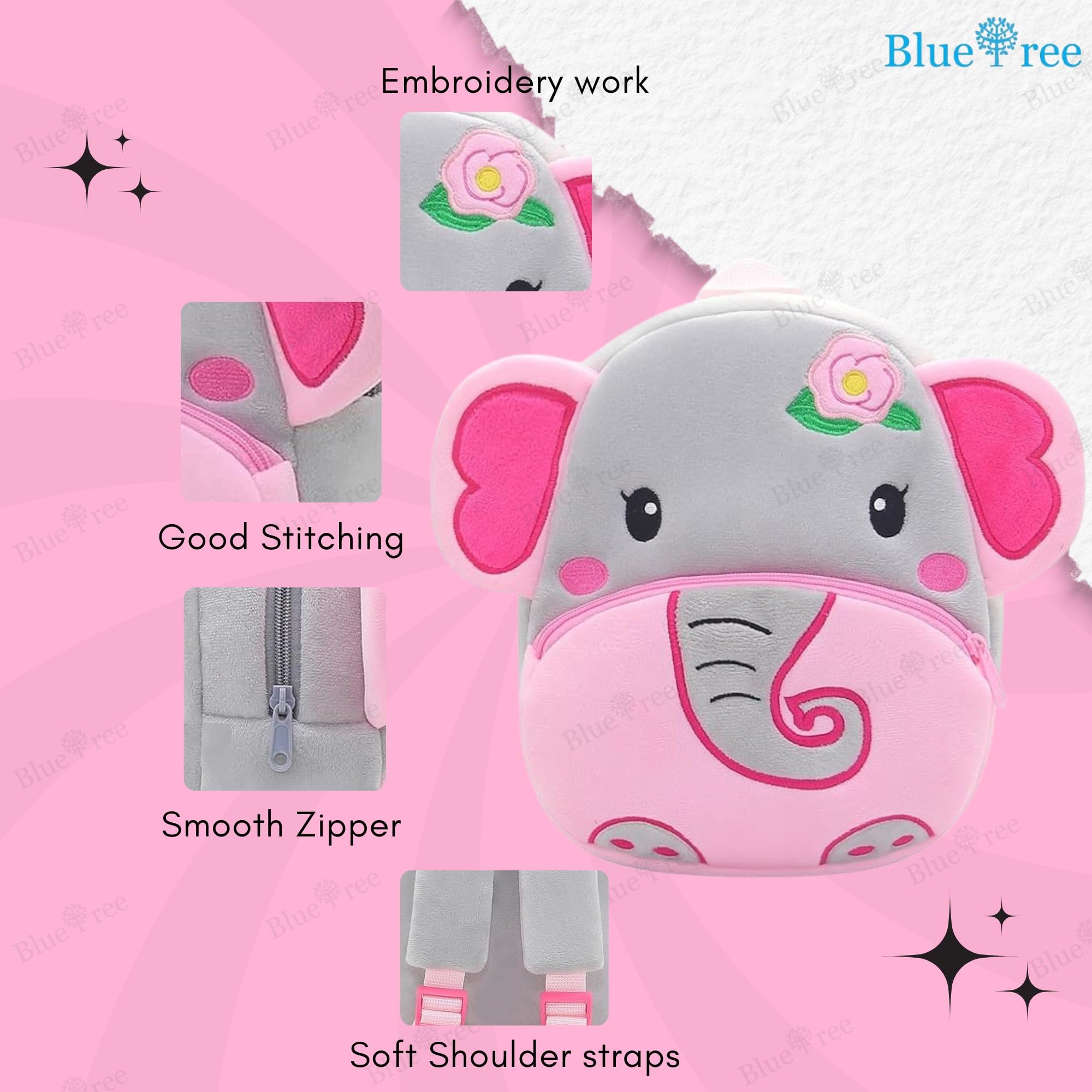 blue tree Cute Kids Backpack Toddler Bag Plush Animal Cartoon Mini Travel Bag for Baby Girl Boy 1-6 Years, Ideal for Gifting for Kids (Flower Pink Elephant) 1
