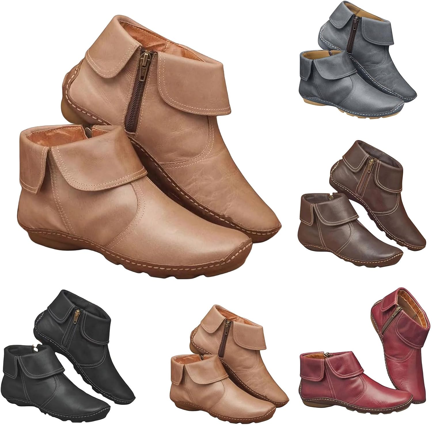 Ankle Boots for Women Side Zipper Vintage Leather Damping Shoes with Arch Support Retro Slip On Booties Fashion Waterproof Boots Comfy Work Office Shoes Indoor and Outdoor