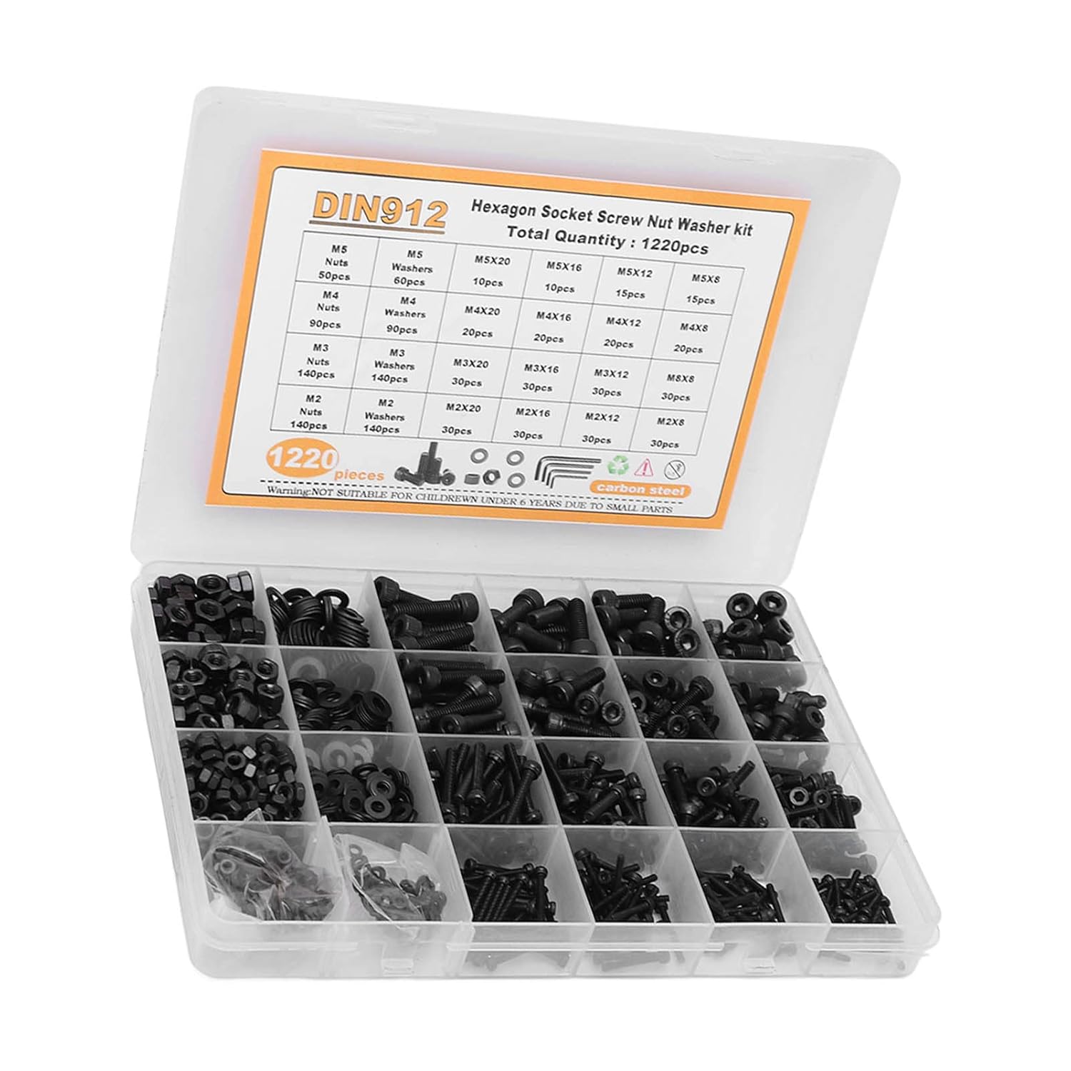 1220Pcs Hex Socket Screw Nut Washer Kit Assortment Cap Head Carbon Steel M2 M3 M4 M5 Black Nut Bolt Assortment Set