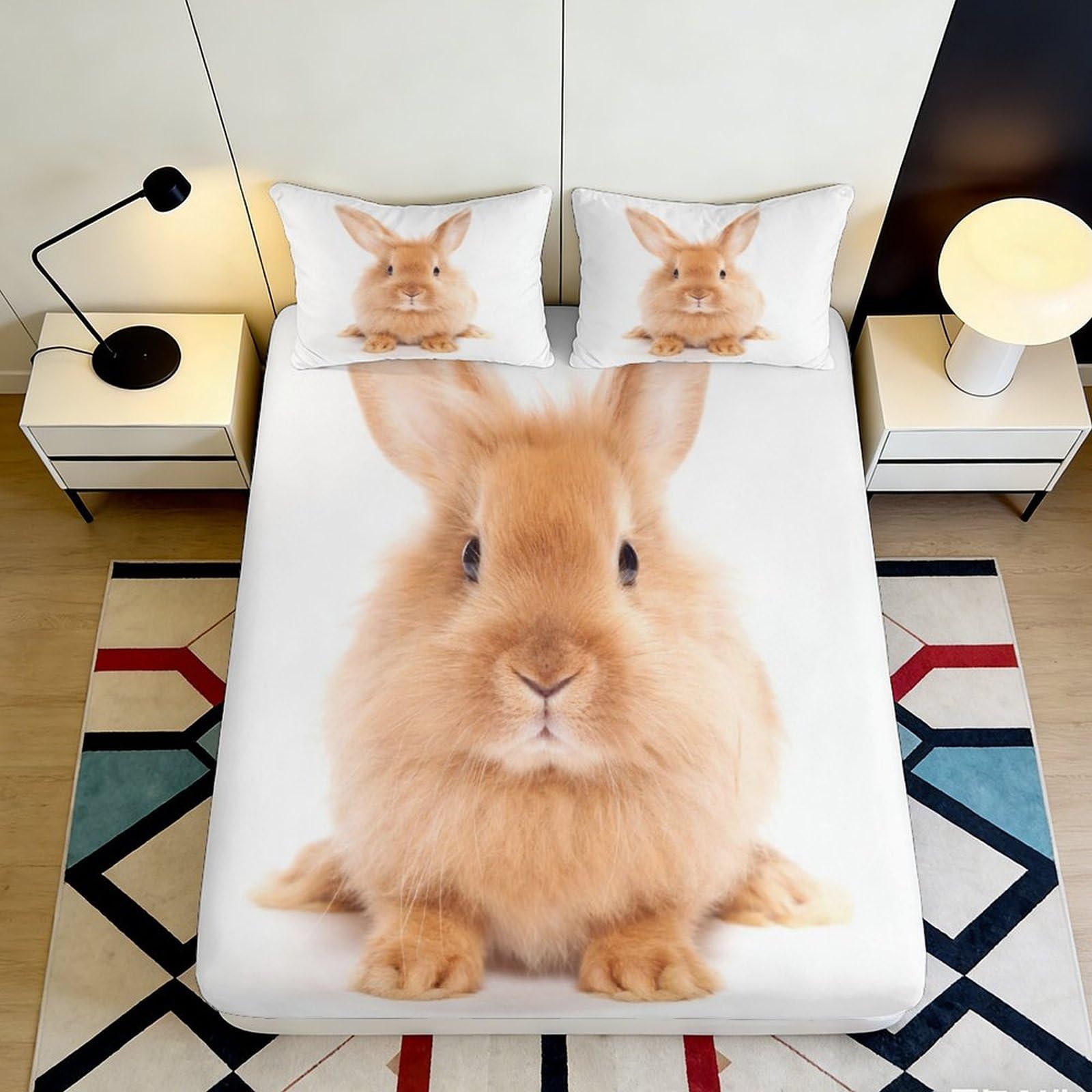 3D Printed Cute Bunny Fitted Sheet Microfiber Soft Breathable Rabbit Mattress Cover for Bedroom Dormitory Guest Room Protection Decor 180x200x25cm
