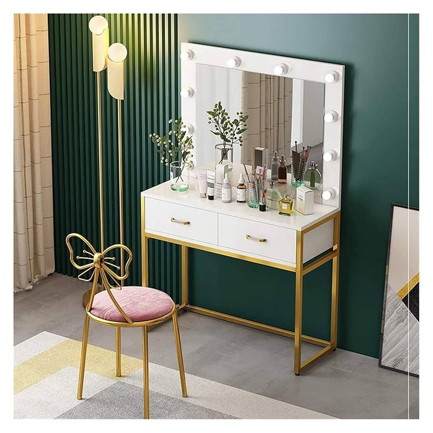 ❣️おしゃれ❣️白 ミラー LEDライト10個付 鏡台 引出し2つ 10倍 鏡