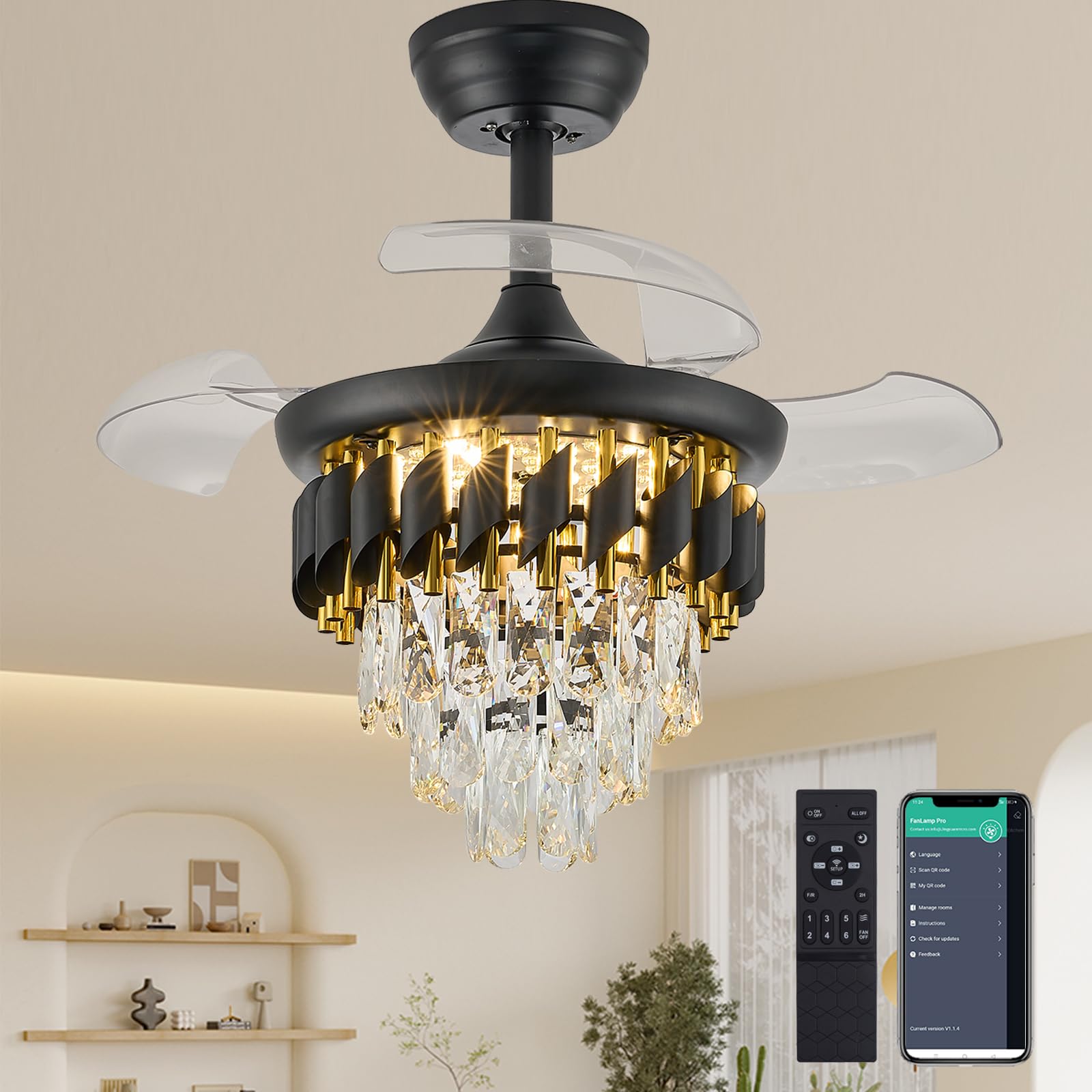 Photo 1 of Fejanical 30 Inch Retractable Blade Dimmable Fandelier Ceiling Fan with Light, Crystal Chandelier Ceiling Fan with APP/Remote Control, 6-Speed, Quietness, Reversible for Bedroom, Living Room, Black