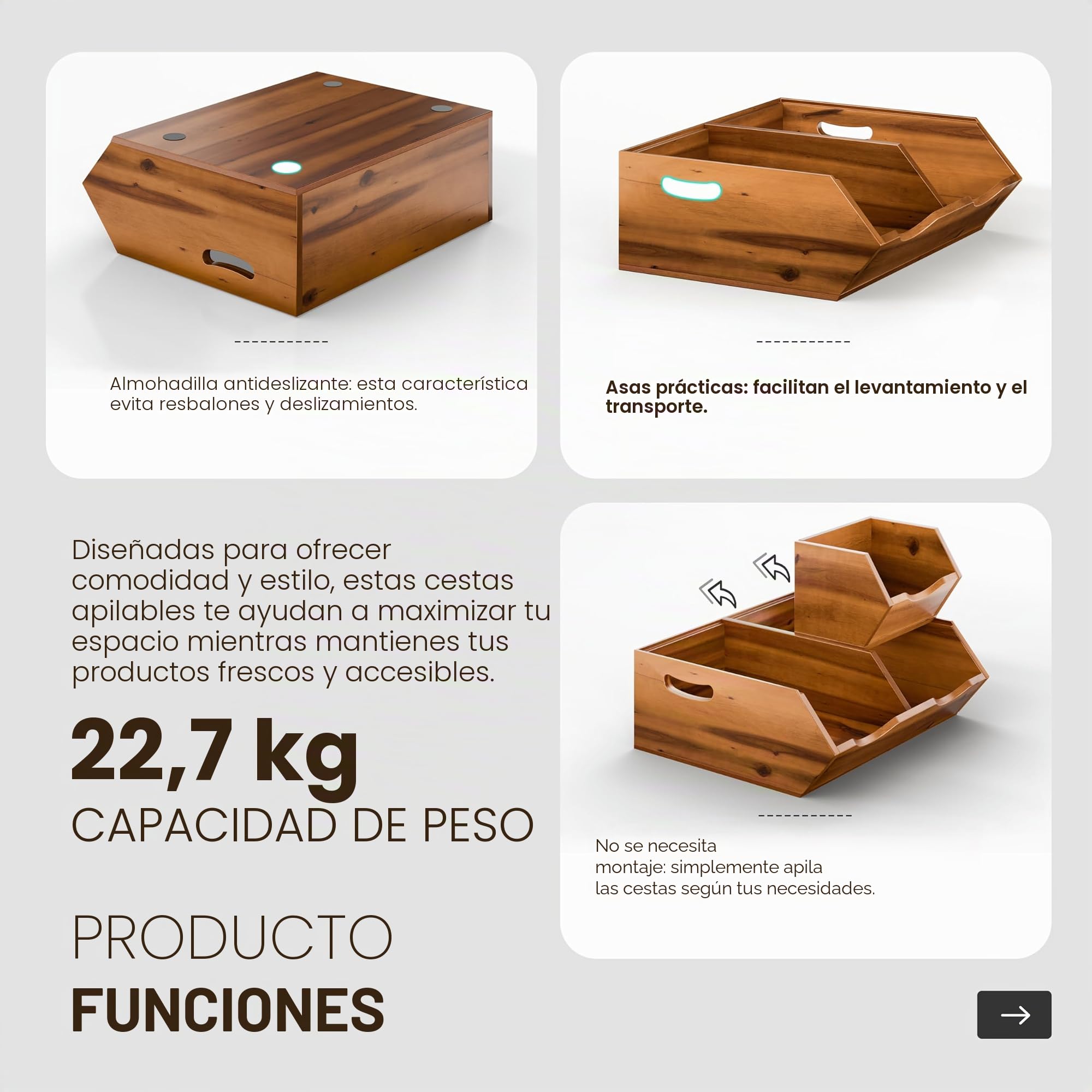 HOLANA Cestas de almacenamiento de cebolla y patata, cestas de madera de acacia, organización y almacenamiento, cestas de madera apilables para pan, frutas, verduras, cesta de cebolla para encimera de
