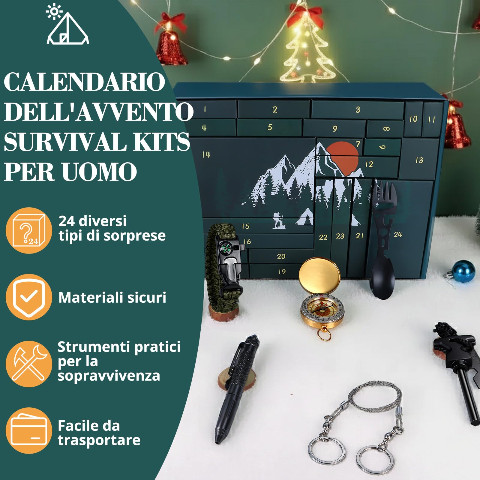 BuzzoXerex Calendario Avvento 2025 Uomo, 24pcs Kit di Sopravvivenza Calendario dell'avvento da Uomo, Regalo di Natale per Marito, Fidanzato, Papà Avventura Outdoor, Campeggio
