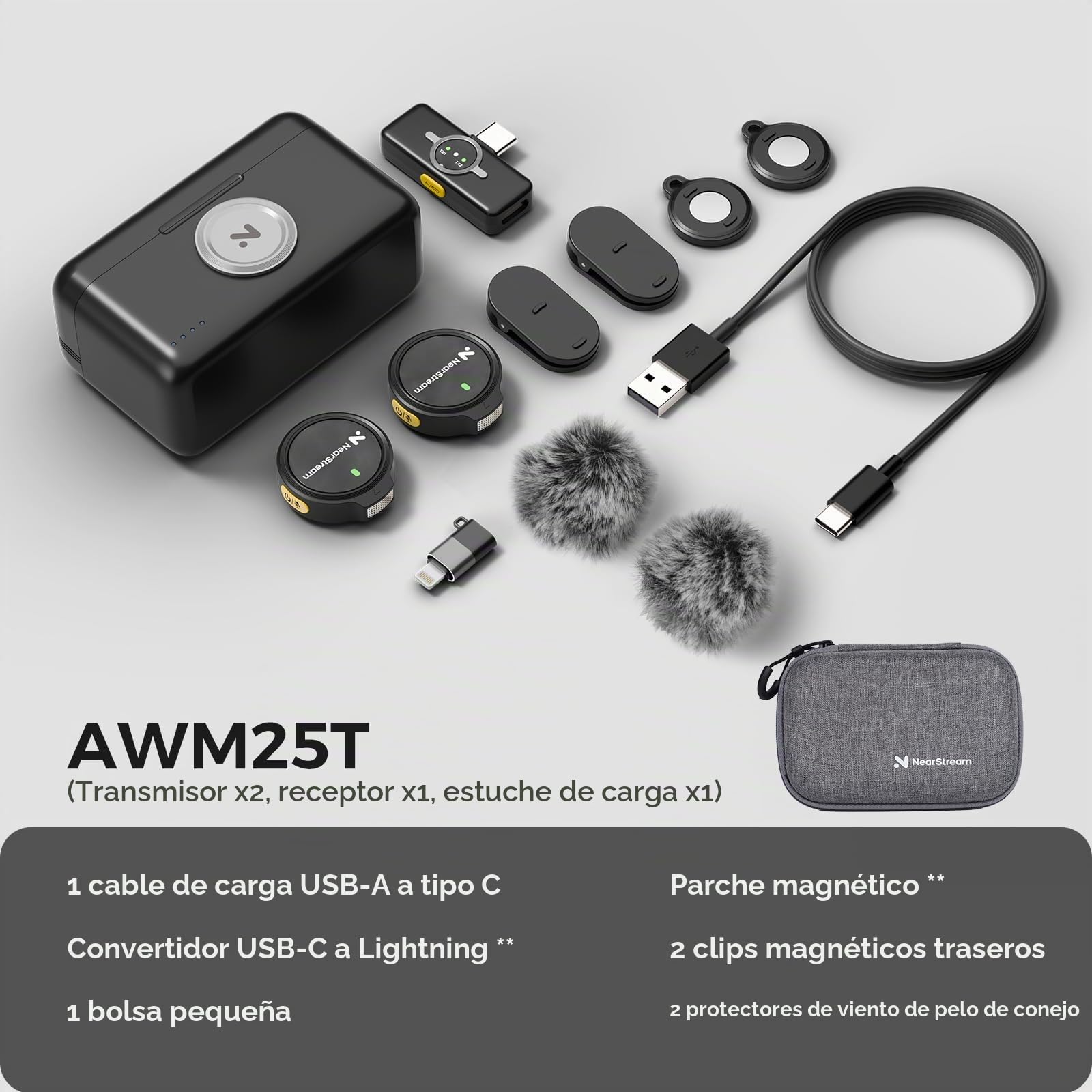 NearStream AWM25T Micrófonos Inalámbricos de Solapa para iPhone/Android/PC, Micrófono Portátil con Cancelación Inteligente de Ruido, para Streaming, Grabación de Videos y Vlog