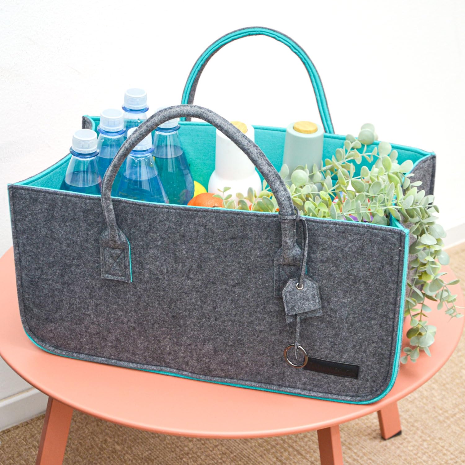 DuneDesign Set de 2: Bolsa de Fieltro hasta 25kg - 50x25x25 Cesta para Leña Interior - Cesta de Almacenaje Tote Bag Grande - Cesta Compra Bolsa Compra Plegable - Cesta Leña Chimenea Cesta para Pellets