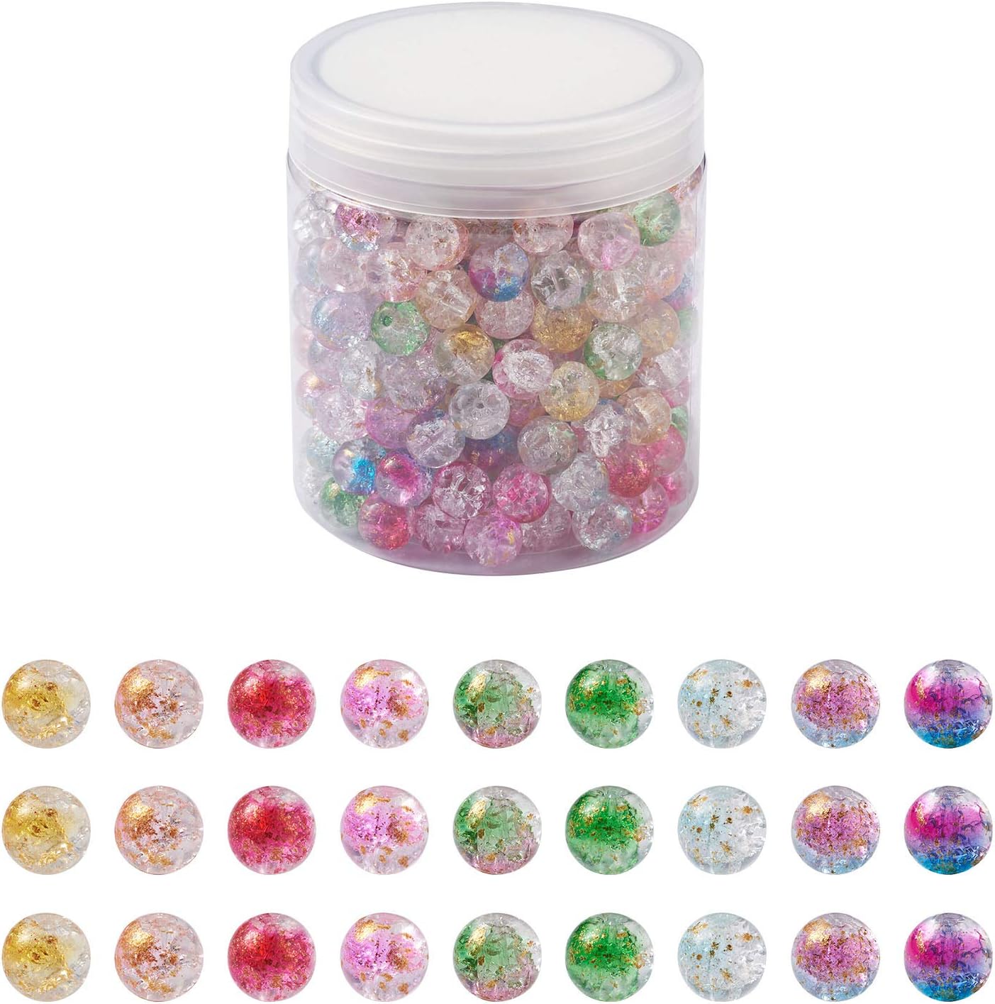 Craftdady 270pcs Crystal Crackle Glass Beads 9 Colors Transparent Round Spray Painted Glass Spacer Beads with Golden Foil for Jewelry Craft Making