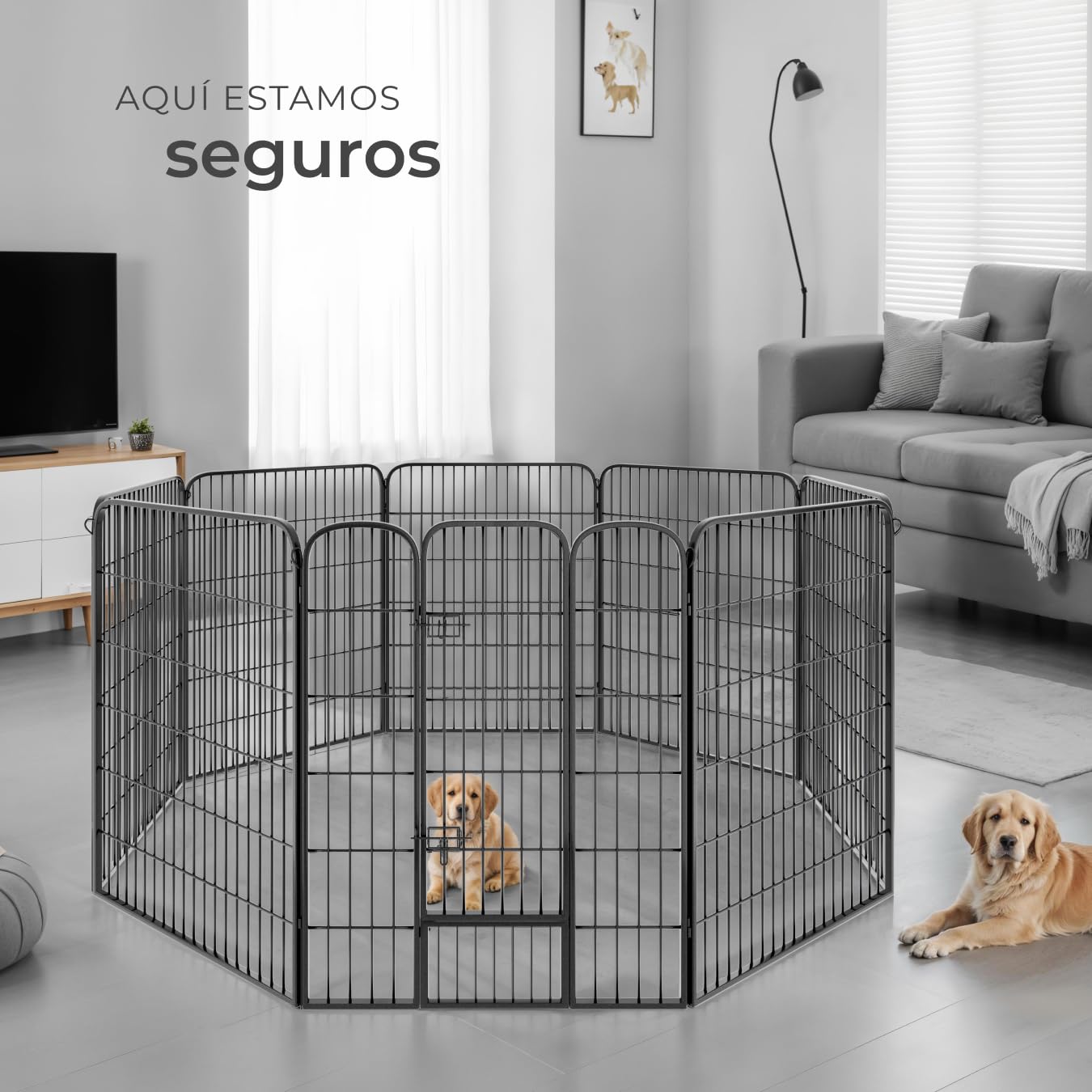 tectake® Parque para Perros y Conejos, Puerta Seguridad para Niños y Mascotas, Valla Metálica, Jaula Perro Grande, Barrera de Seguridad Plegable, Parque Perros y Conejos, Doble Cierre - 100 cm Alto