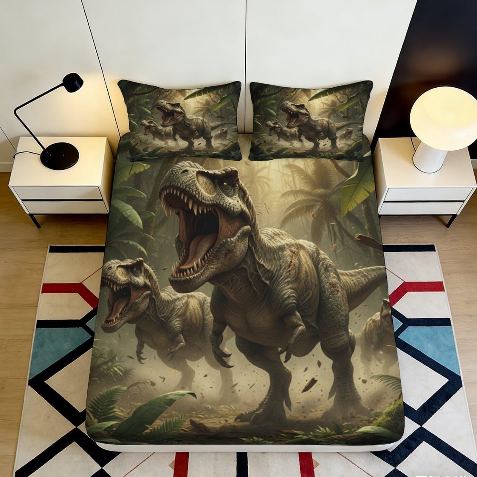 3D Printed Dinosaur Jungle Fitted Sheet Microfiber Soft Anti-Slip T-Rex Bed Cover for Bedroom Guest Room Dorm Decor 160x200x25cm