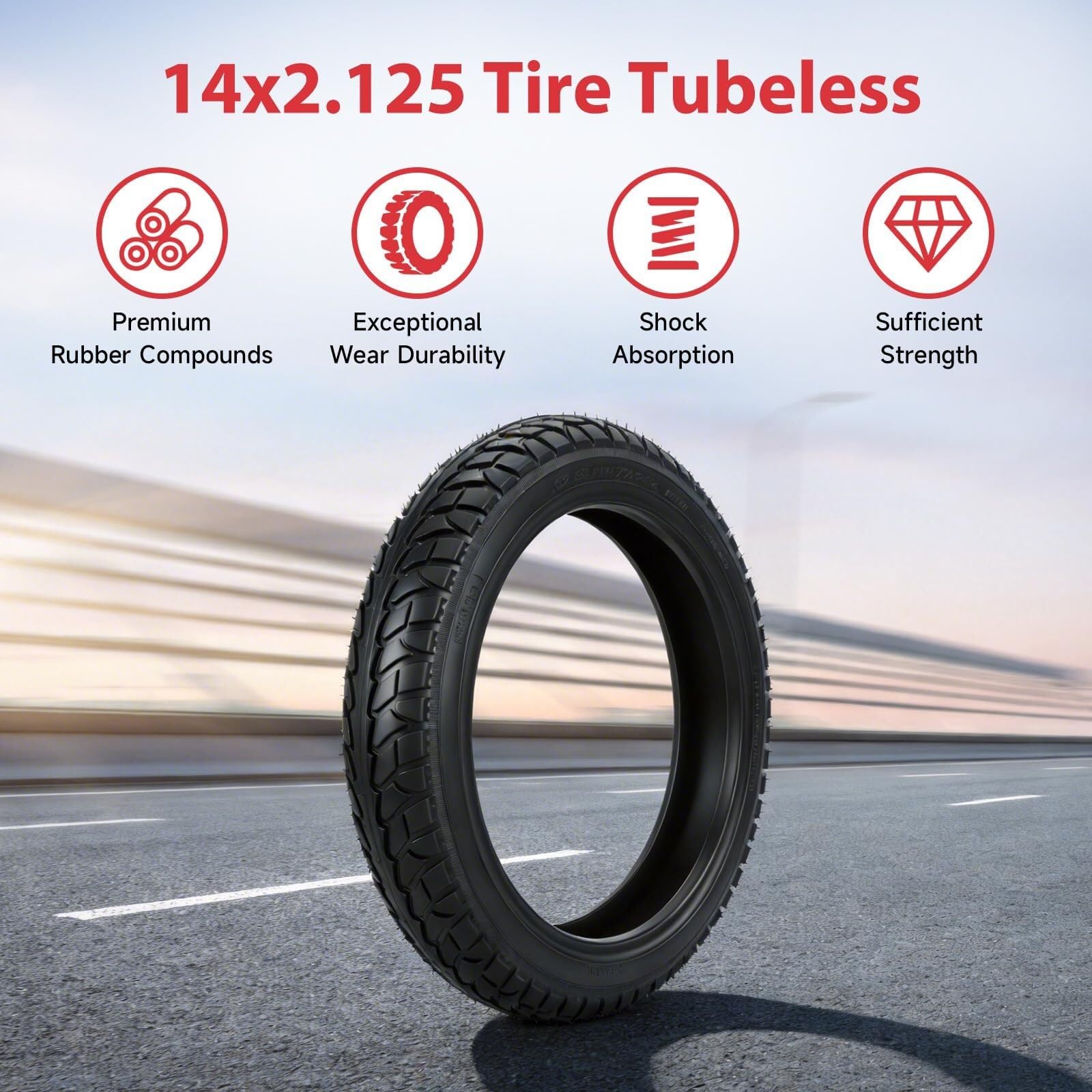 Opona 14x2.125 do Roweru Elektrycznego Bezdętkowa Tubeless Kompatybilna z E-Bike Hulajnoga Składany Rower, 57-254 Opona Antyprzebiciowa z Zestawem Naprawczym