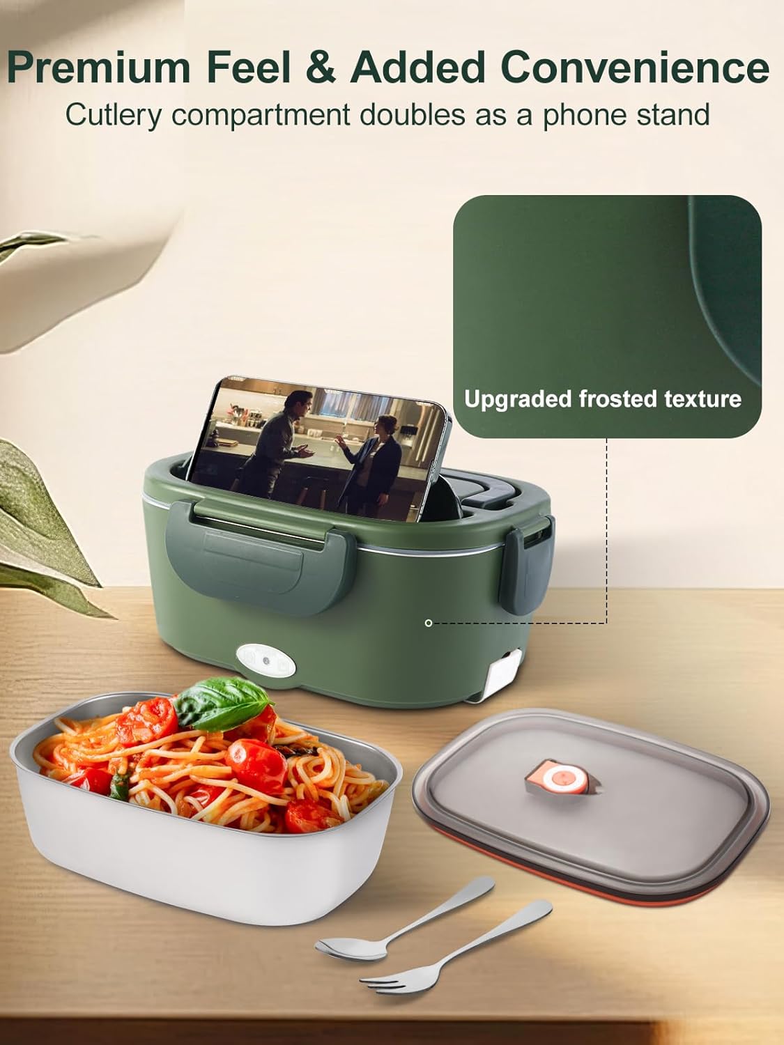 SOHIDA 2025 Upgraded 80W Heated Lunch Box with Insulated Bag, 1.5L SS Container with Lid & 0.45L Fruit Box Electric Lunch Box for Adults, 12V/24V/110V Portable Food Warmer for Home/Car/Truck (Green)