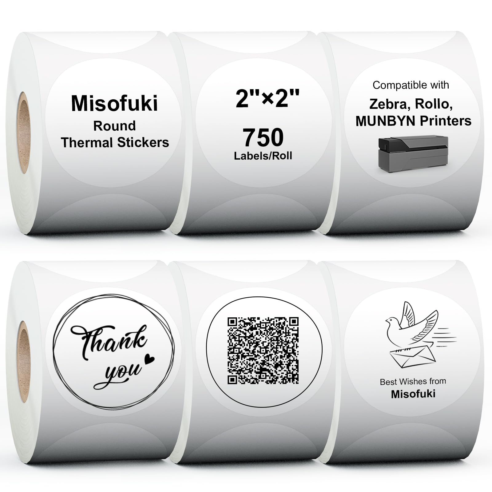 Misofuki 2" 6 Rolls 4500 Labels White Circle Direct Thermal Stickers Labels Rolls Compatible with Zebra, Rollo, MUNBYN, Self-Adhesive Round Direct