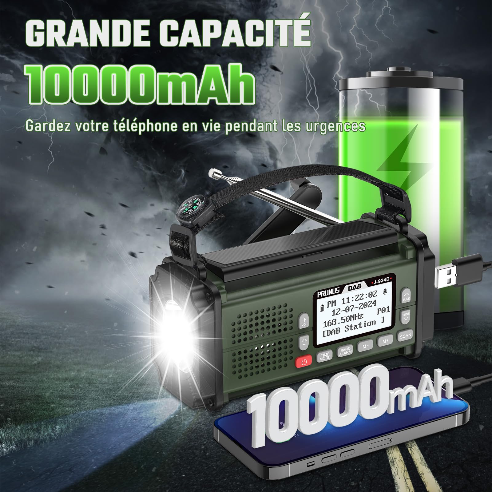 Radio Dab+/FM Portable, Prunus J-924 Solaire Dynamo 10000mAh, Radio Survie avec Piles et Manivelle, Panneau Solaire, Réveil, Chargeur USB-C, Lampe de Poche et Lecture, Alarme SOS d'urgence
