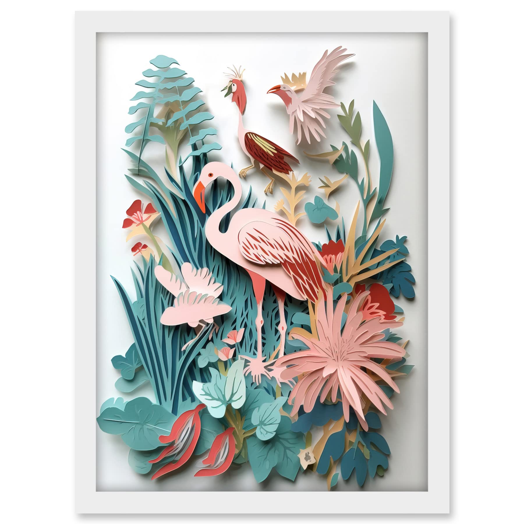 Artery8 Tropical Plants And Birds Multi-Dimensional Paper Kirigami Art Print Artwork Framed A3 Wall Art Print