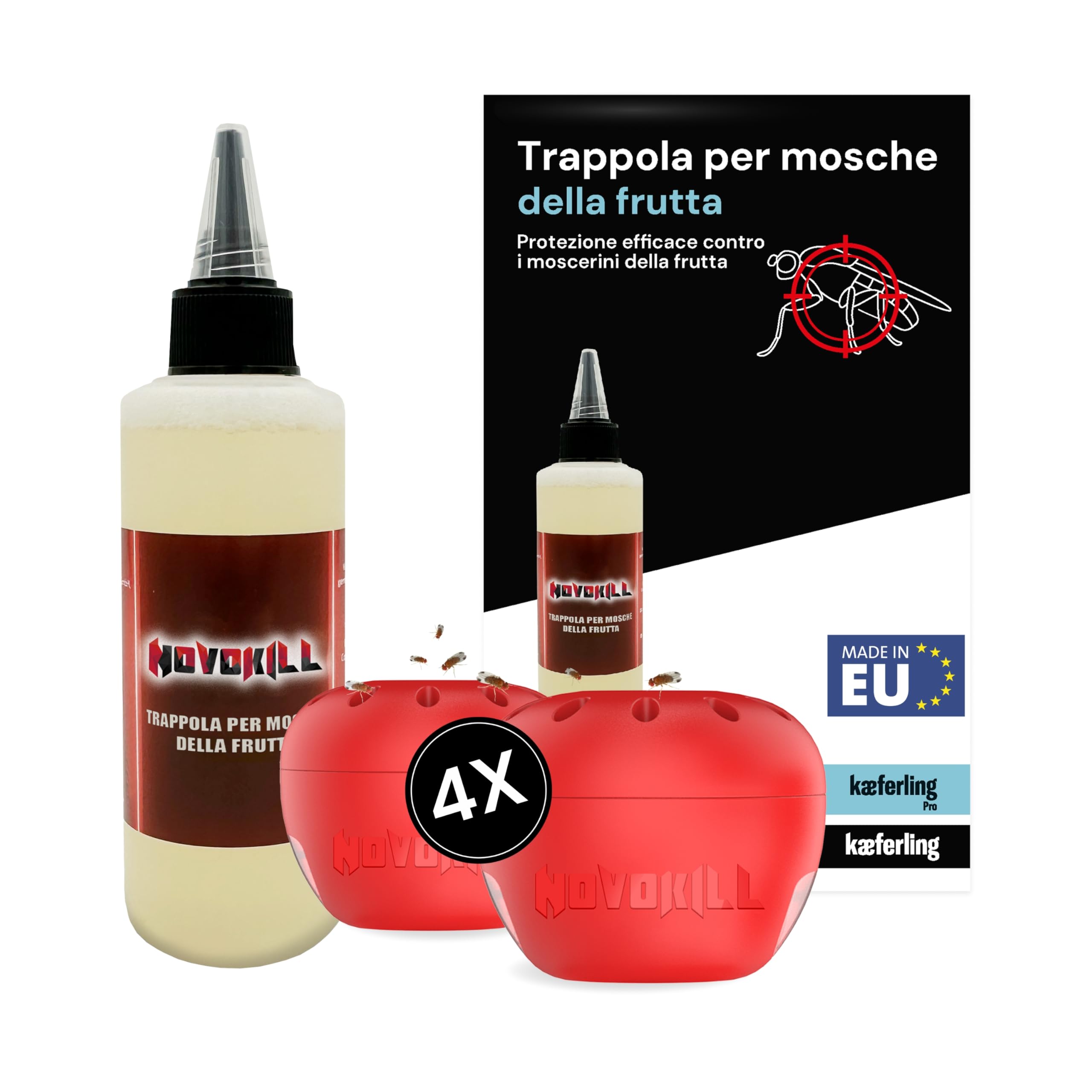 Novokill Trappola Moscerini Frutta – 4x Trappole + 100ml Esca – Trappola moscerini frutta per cucina – Anti mosche per casa – Trappola mosche interno – Riutilizzabile e ad alta efficacia