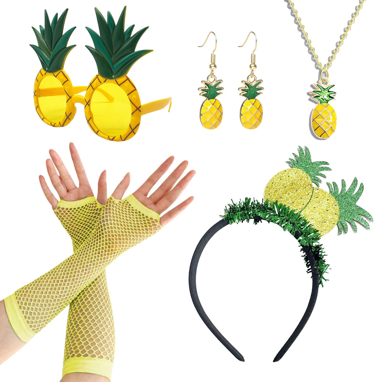 XNIVUIS 7 Pcs Pineapple Costume Set, Hawaiian Fancy Dress Set, Pineapple Crown, Glasses, Earrings, Necklace, Fishnet Gloves, Hawaiian Headwear, Pineapple Party