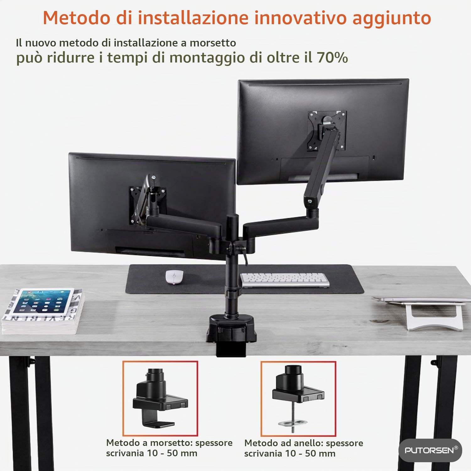 Supporto per monitor PUTORSEN 2 monitor per schermi da 17 a 35 pollici - Supporto da tavolo per monitor con molla a gas in alluminio, fino a 12 kg per braccio, VESA 75/100 mm