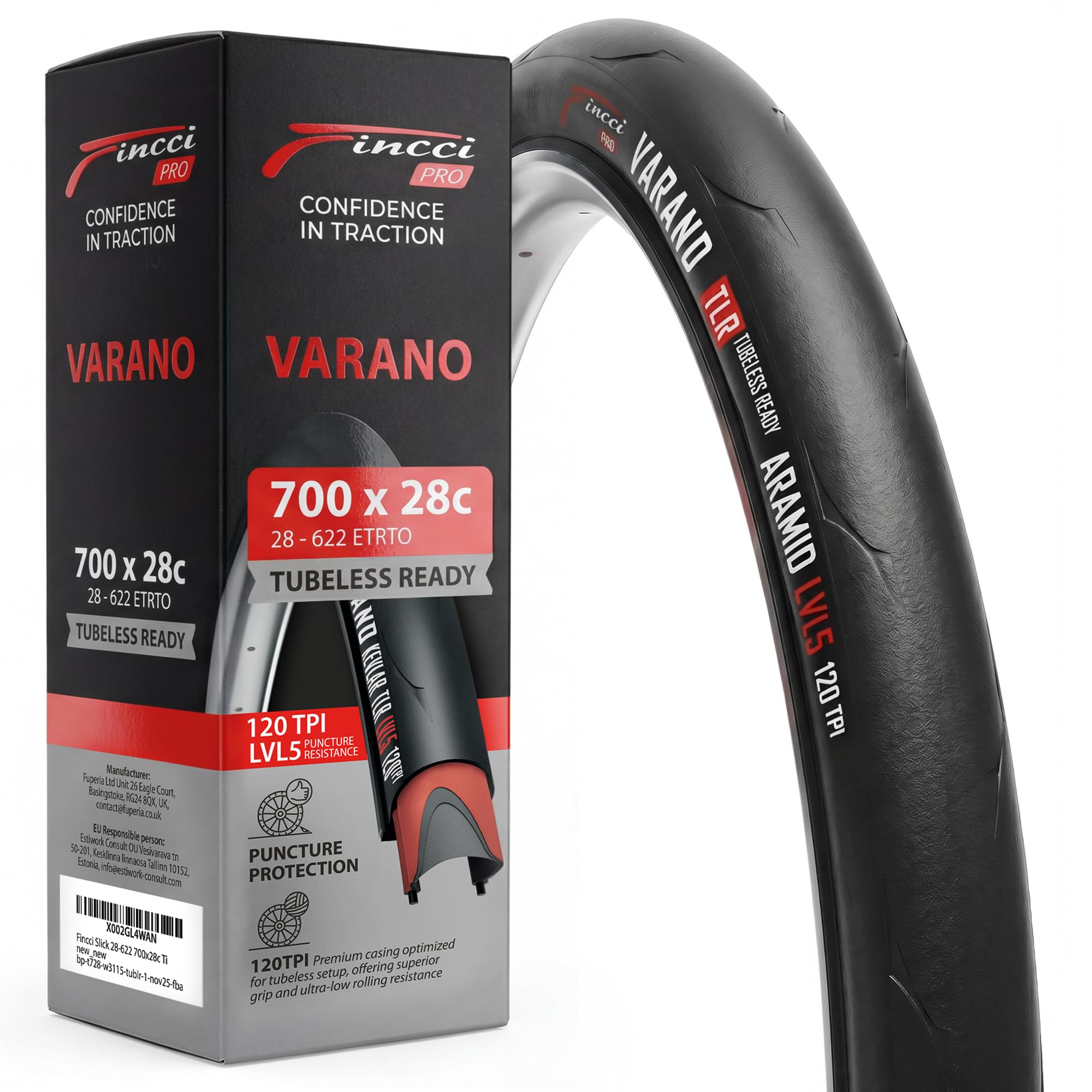 Fincci Varano Slick 28-622 Cubierta 700x28c - Cubierta 28 Carretera Tubeless Ready 1mm LVL5 Nylon 120 TPI - Cubіerta Carretera 700x28 Aramid Plegable, Bicicleta Carretera, Touring