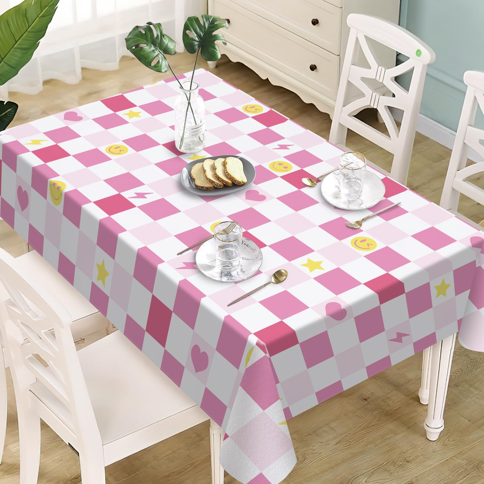 Photo 1 of Livcoz Pink Preppy Checker Rectangle Tablecloth 60" x 84"