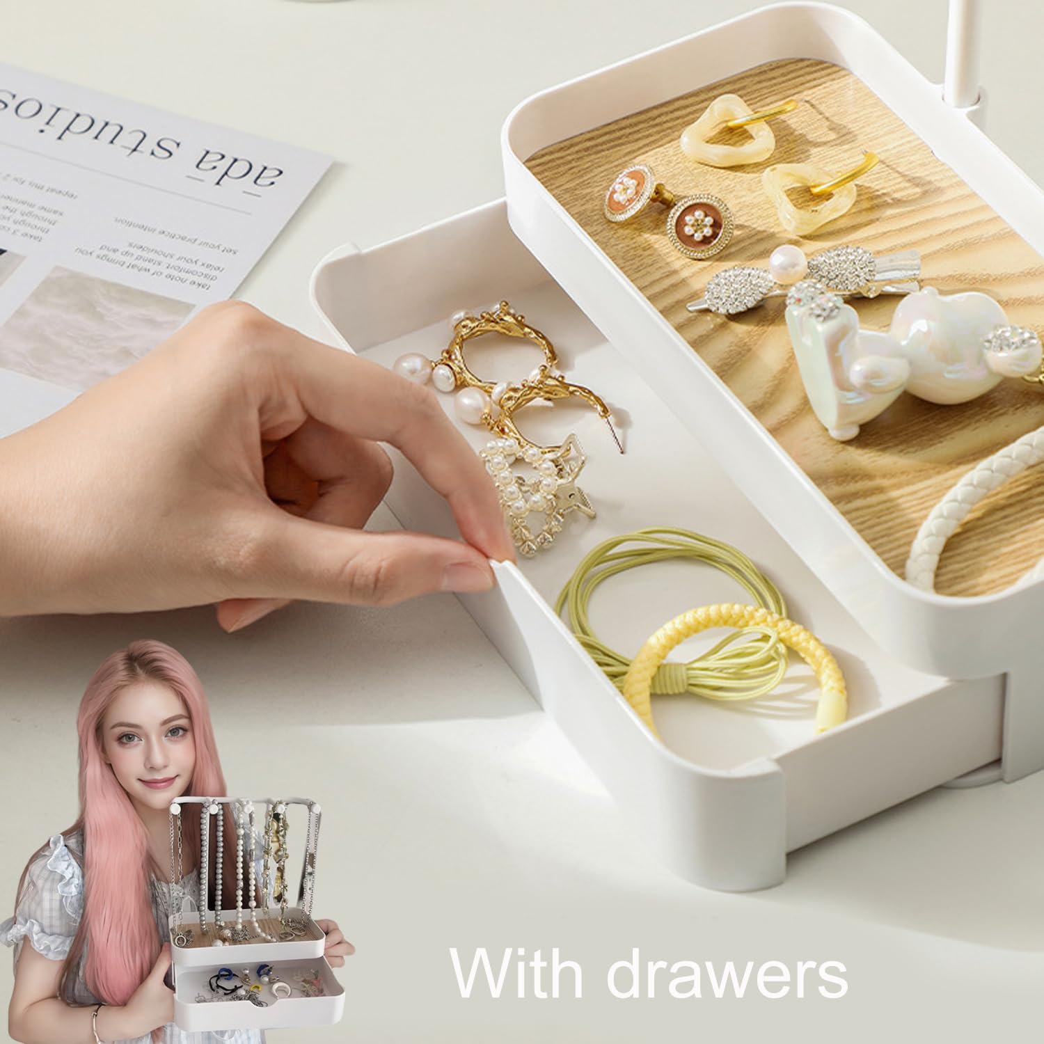 Kettenständer Schmuckständer mit Schubladen, Schmuckhalter mit Holz Aufbewahrungsbasis, Kompakt Schmuck Organizers mit 5 Haken, für Ketten & Armbänder,Ringe & Ohrringe, Elegantes Weiß
