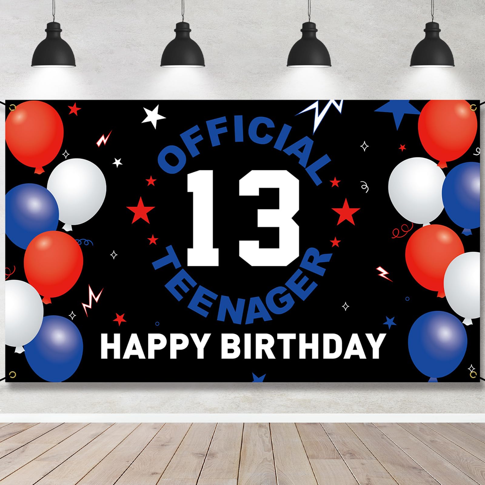 HTDZZI Happy 13th Birthday Decoration for Boys Girls, Fabric 13th Birthday Backdrop Banner, Official Teenager 13 Year Old Birthday Party Yard Sign, Photo Booth Props Decor, Blue White Red