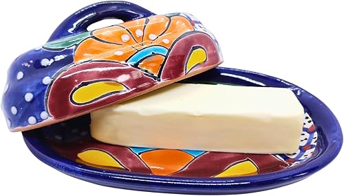 Miniatura 7 de Mantequillera Talavera de cerámica con tapa pintada a mano auténtica cerámica mexicana cocina diseño floral (azul)