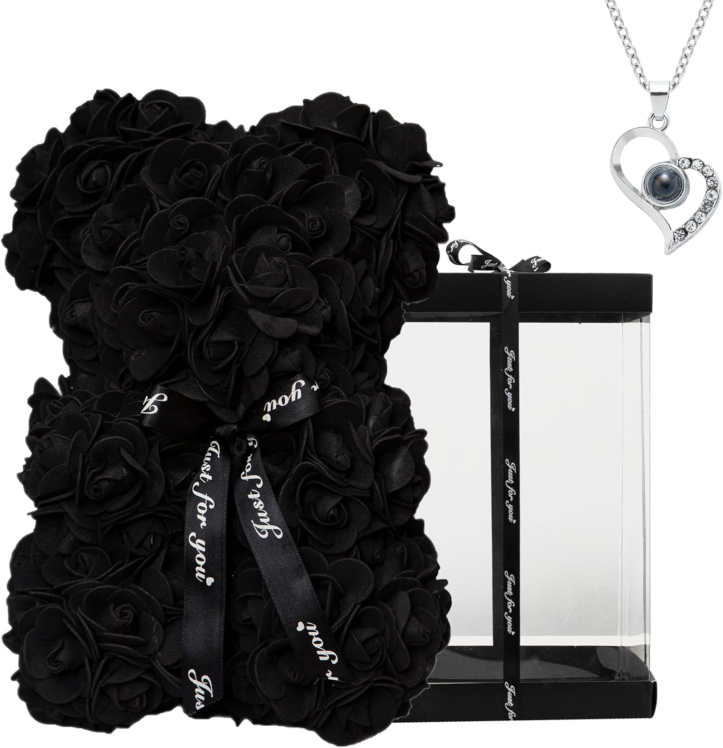 DuHouse Rose Bear Rose Teddy Bear Flower Gift Box for Valentines Gifts Anniversary Christmas,Birthdays Bridal Showers -Fully Handmade 10 inch Flower Bear Clear Gift Box(Black with Necklaces)
