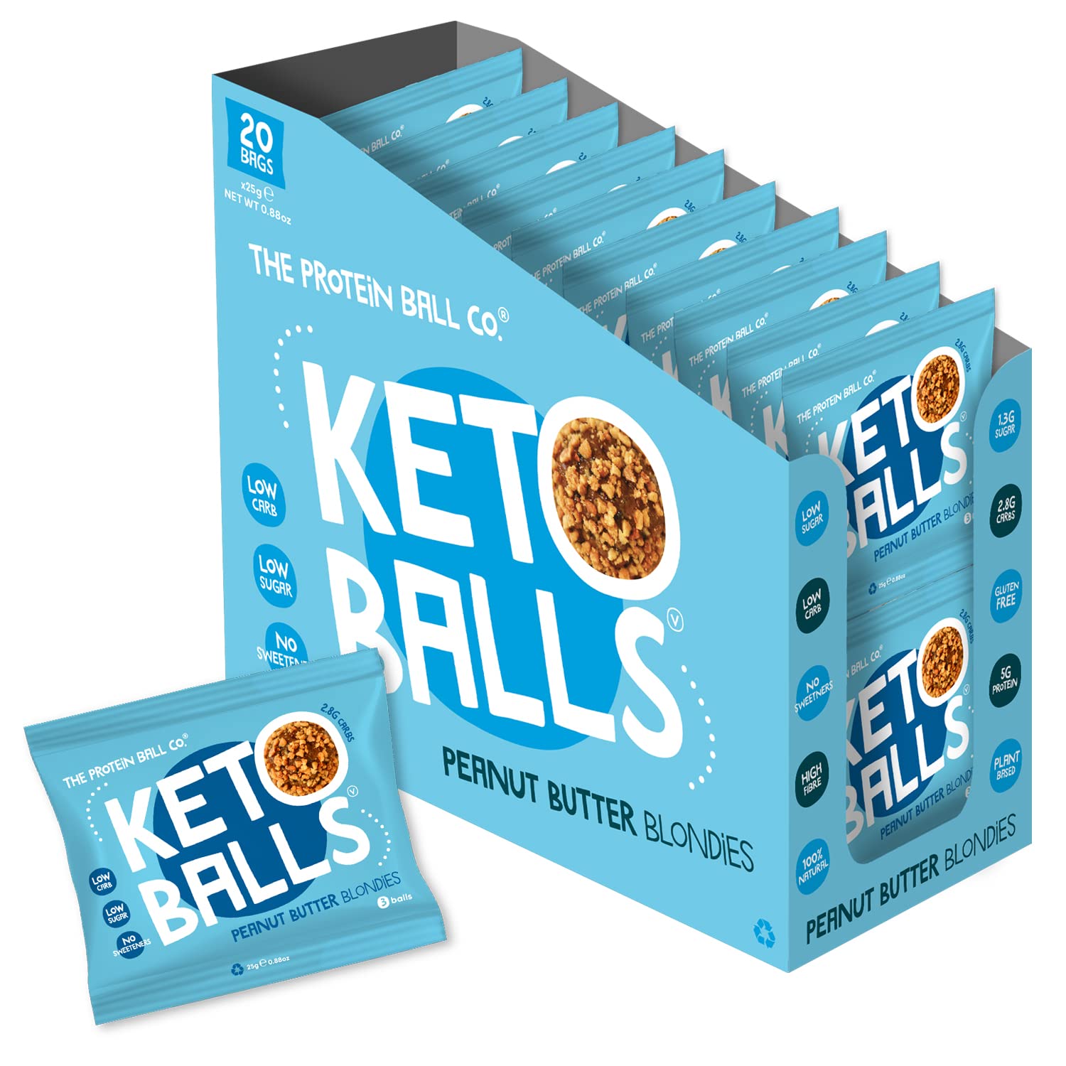The Protein Ball Co Peanut Butter Low Sugar Protein Balls - Keto Friendly Snacks, Gluten-Free, Low Carb, Low Calorie Snacks - Healthy Energy Balls, Box of 20 bags