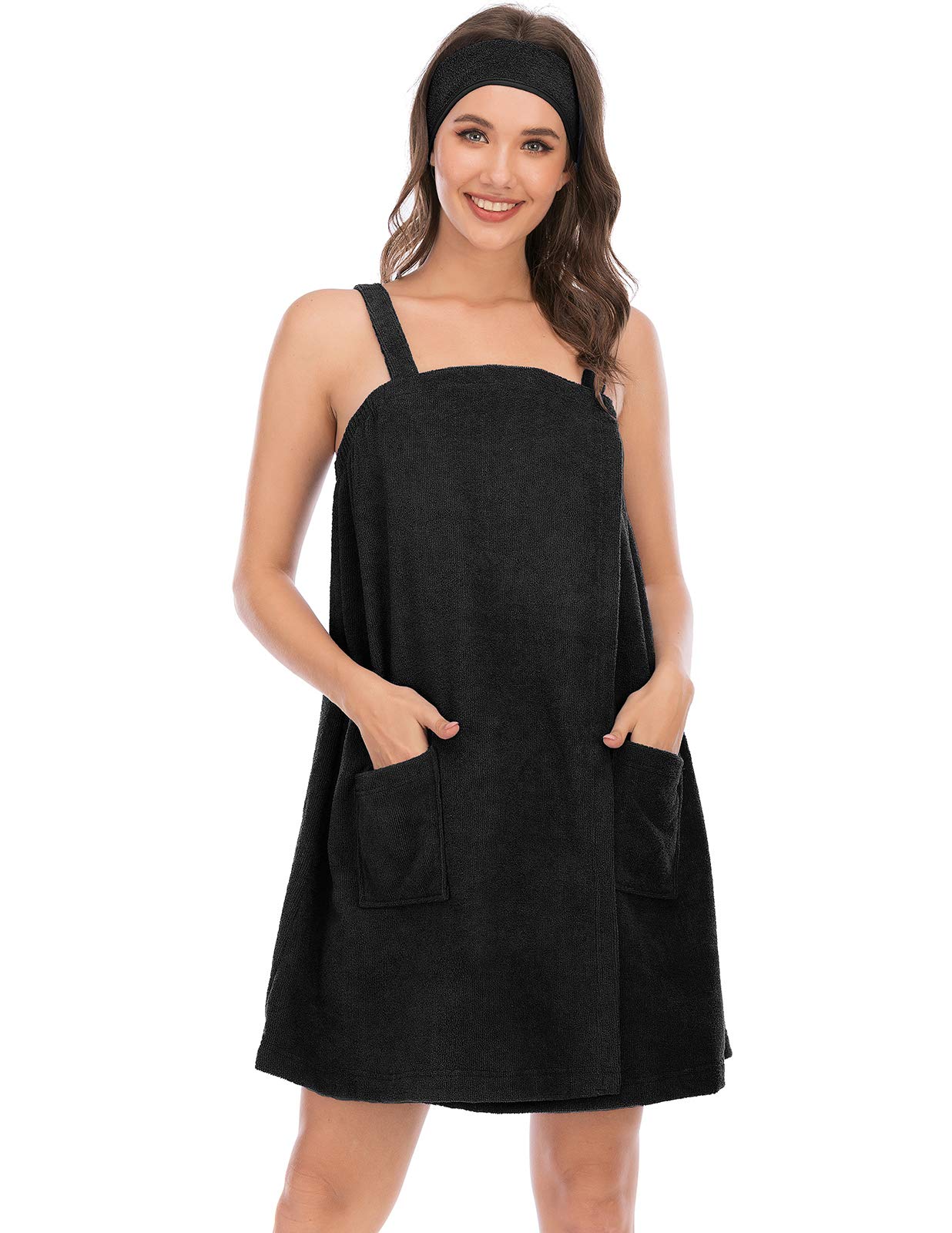 Rubehoow Robe Women's Towel Wrap Bathrobe with Adjustable Velcro Closure with Pockets & Facial Hairband