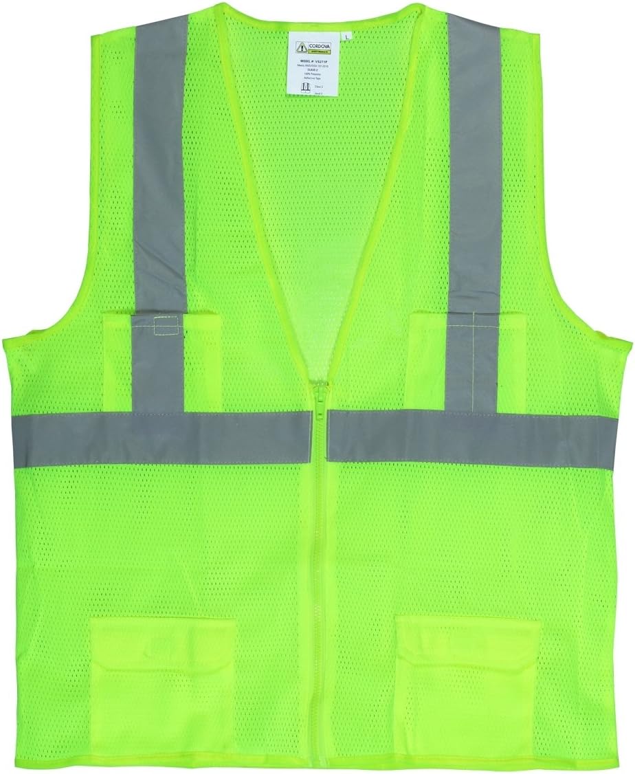 Cordova VS271P2XL Class II Mesh Surveyors Vest, Silver Stripes, Zipper Closure with Four Front Pockets, Lime, XX-Large