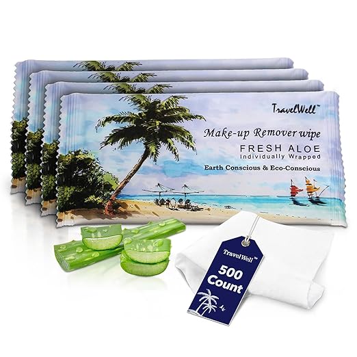 Makeup Remover Wipes Individually Wrapped Natural Fresh Aloe Travel Packs Elderly Bathing Cleansing Wipes - 500 Count per Package | Small Size Toiletries | Hotel Toiletries Bulk Set