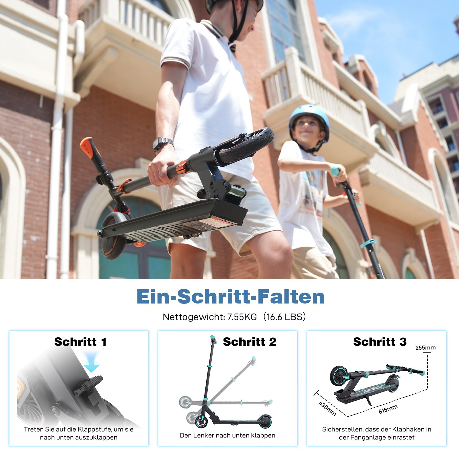 RCB R15 E-Scooter Kinder (8-12-16 Jahre) - bis zu 20 Km/h, Max. Reichweite 16Km, Elektroroller Faltbar für Kinder, Geschenk für Jugendliche