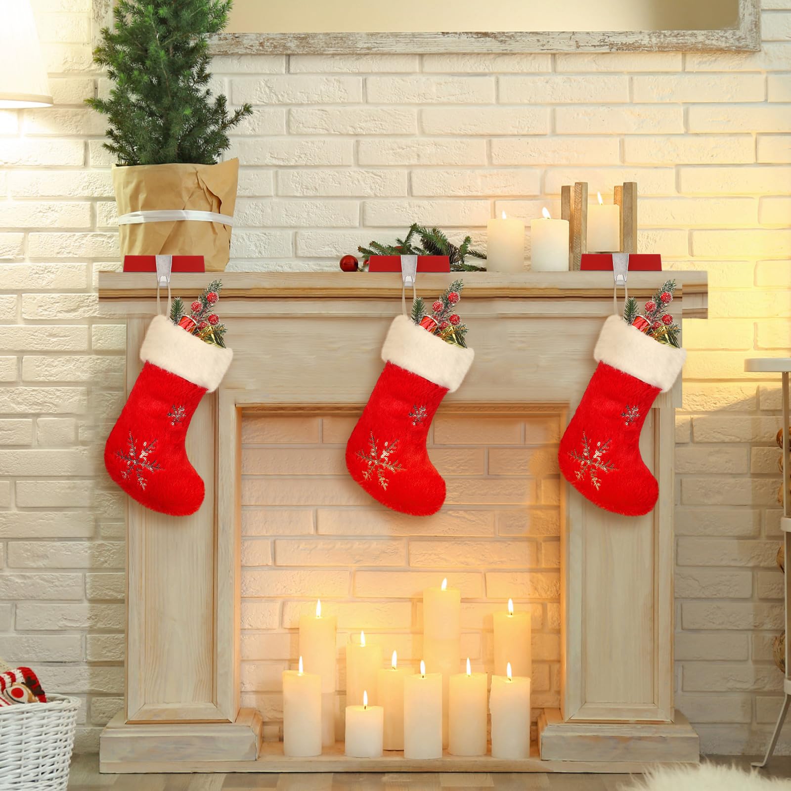 Mini-Weihnachtsstrümpfe, Kunstfell, Weihnachtsstrümpfe, kleine Plüsch-Pailletten, Schneeflocken-Strümpfe für Familie, Urlaub, Party, hängende Dekoration, Geschenk, Rot, Weiß, 12 Stück