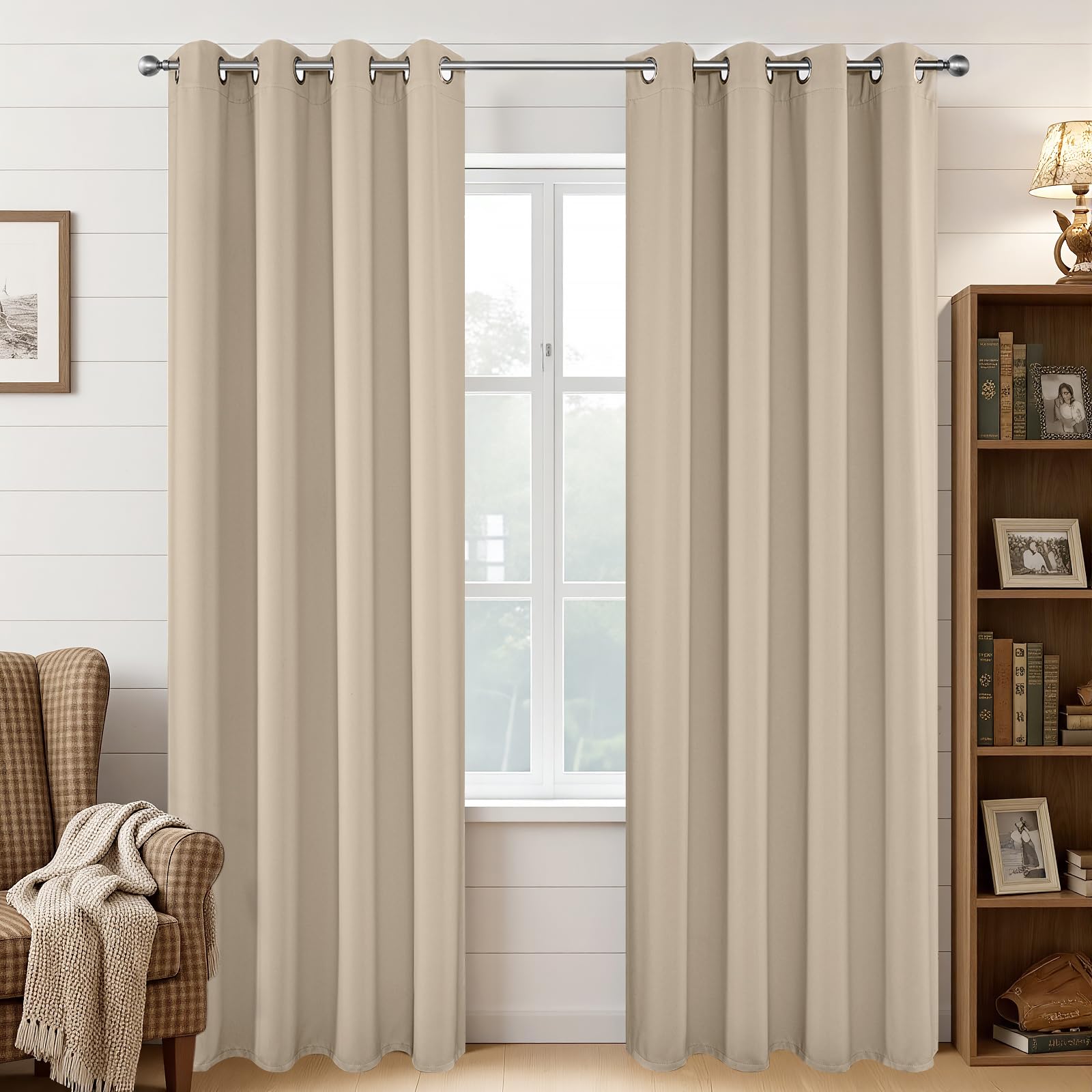 Joydeco Blackout Curtains 84 Inch Length 2 Panels Set, Thermal Insulated Long Curtains& Drapes 2 Burg, Room Darkening Grommet Drapes for Living Room Bedroom Window (W52 x L84 Inch, Light Beige)