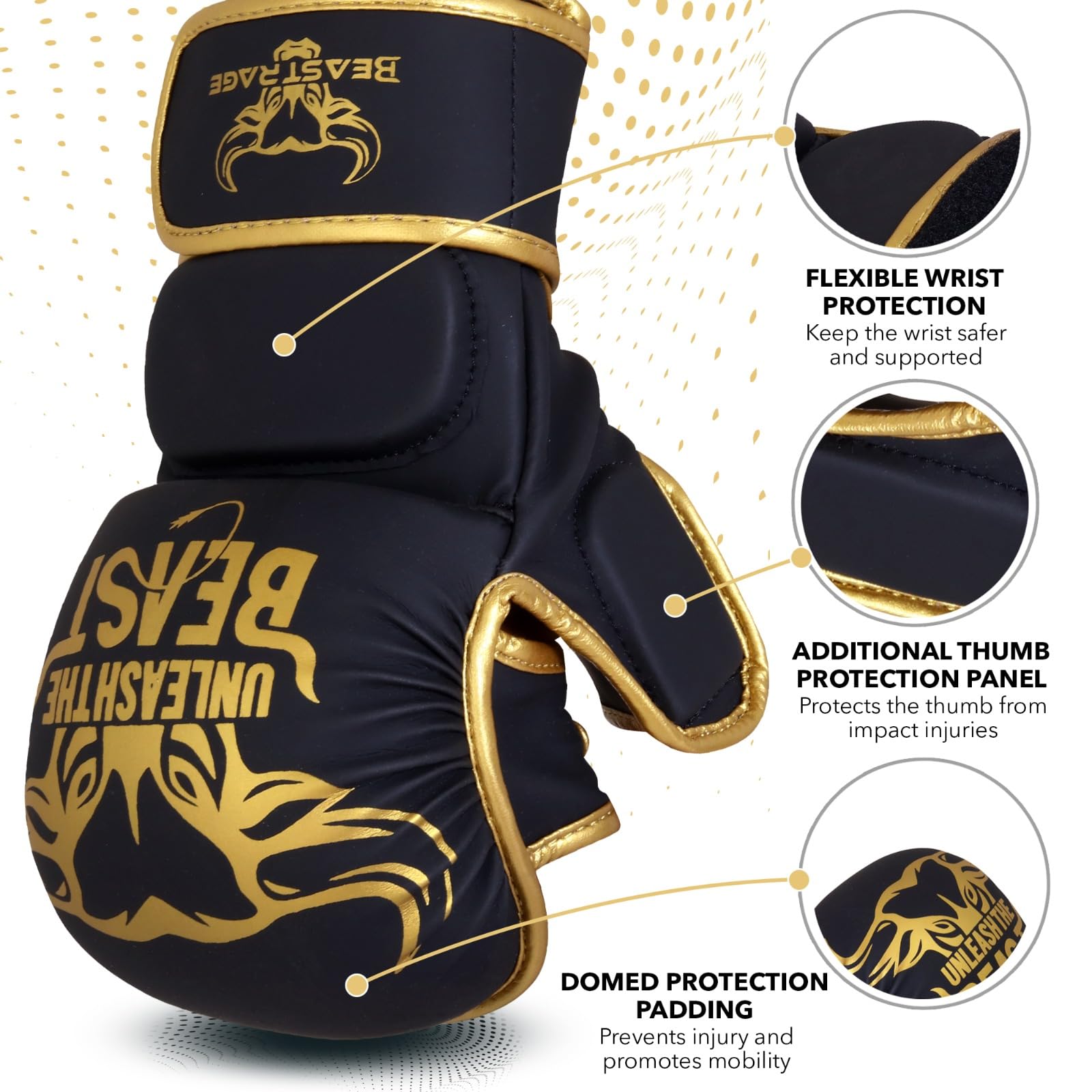 BEAST RAGE Guanti da MMA con Supporto per Polso Regolabile e Palmo Aperto per Arti Marziali, Grappling, Sparring, Muay Thai, Combattimento, Taekwondo, Kickboxing, Boxe, Allenamento