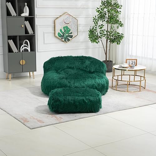 Miniatura 3 de Puf de piel sintética con otomana, sofá perezoso de felpa suave y esponjosa con reposapiés, silla mullida para adultos y niños, esmeralda
