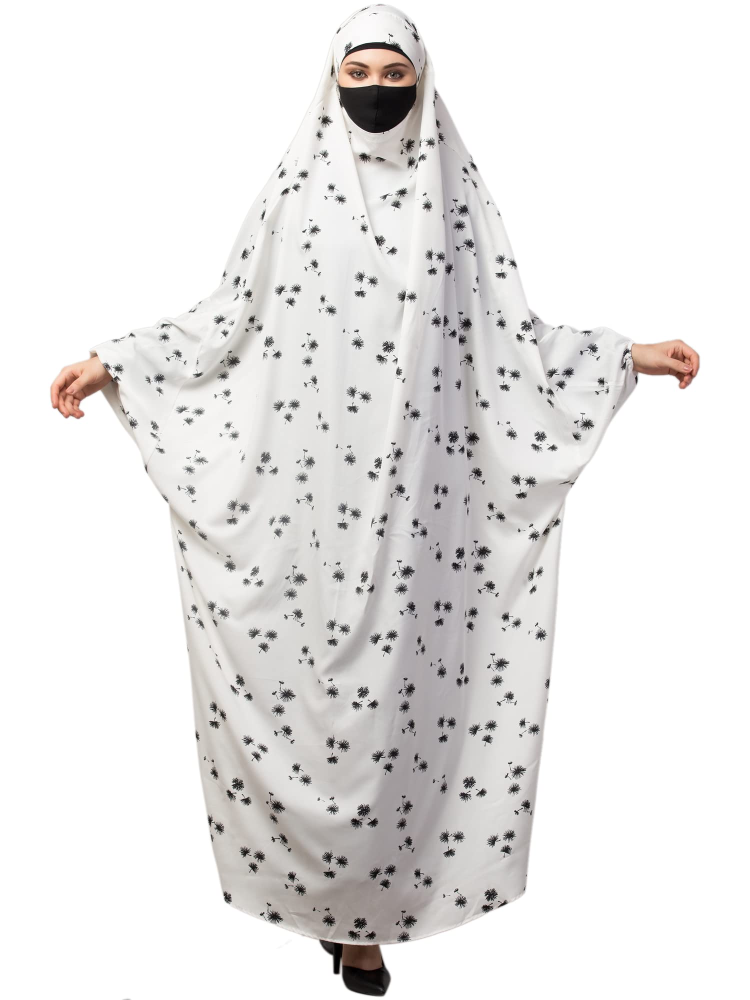 BashariyaOne-Piece White Printed Jilbab for Women & Girls | Free Size Crepe Fabric Modest Islamic Dress with Elastic Sleeves | Ready-to-Wear Khimar Hijab Abaya Outfit