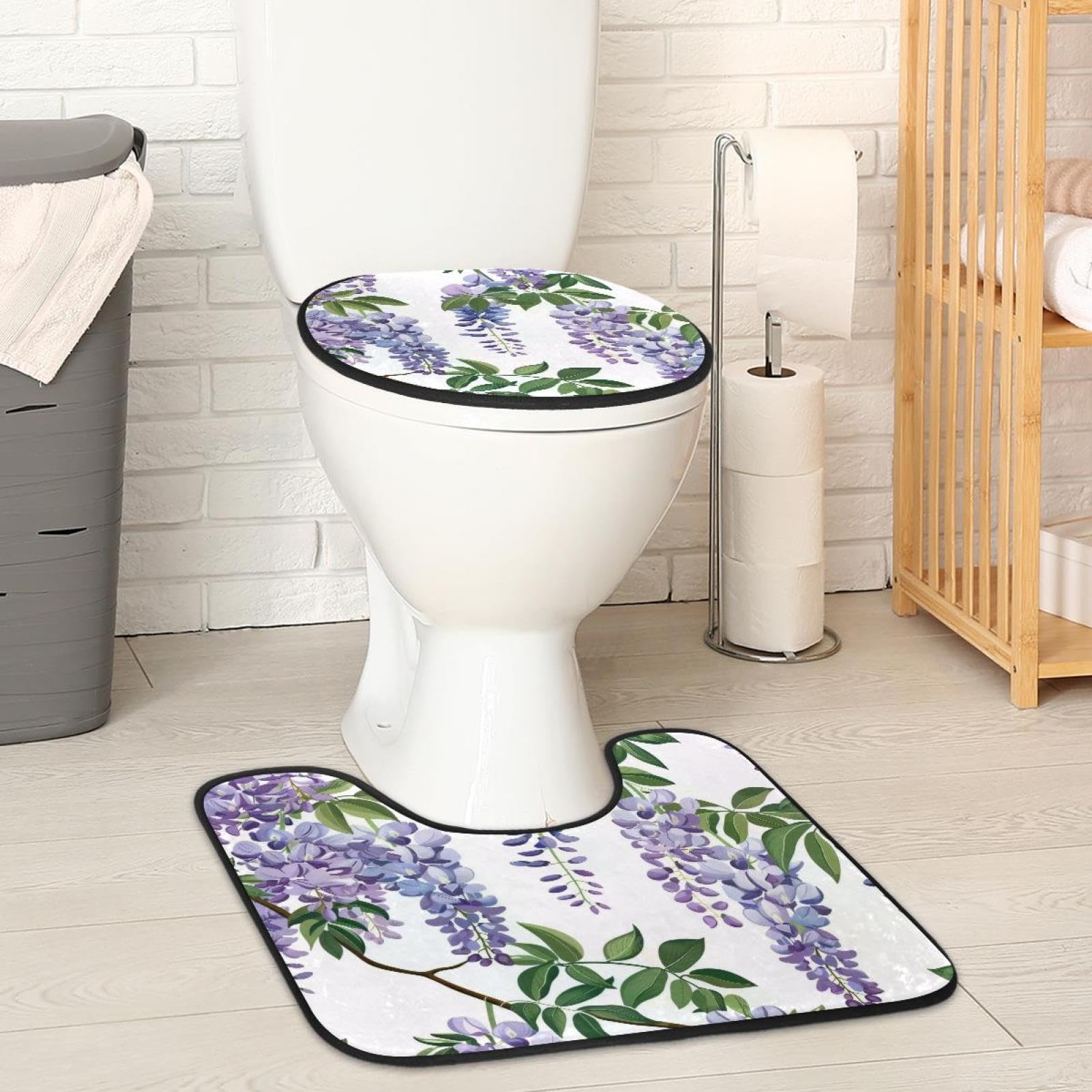 MUOOUM Toilet Lid Cover and U-Shaped Toilet Floor Mat Set of 2 Pieces, Wisteria Flower Pattern Toilet Mat Set, Machine Washable Seat Covers Non-Slip Absorbent Rugs
