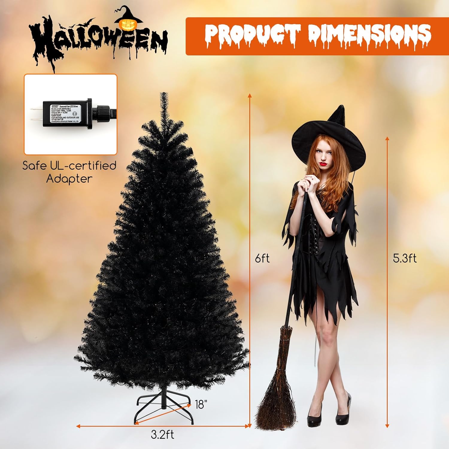 Goplus 6 FT Pre-Lit Black Christmas Tree, Artificial Hinged Halloween Tree with 280 Orange & Purple LED Lights, 6 Lighting Modes, Spooky Sounds, 758 Branch Tips, Xmas Tree for Home Office Decoration 6 FT Orange+purple