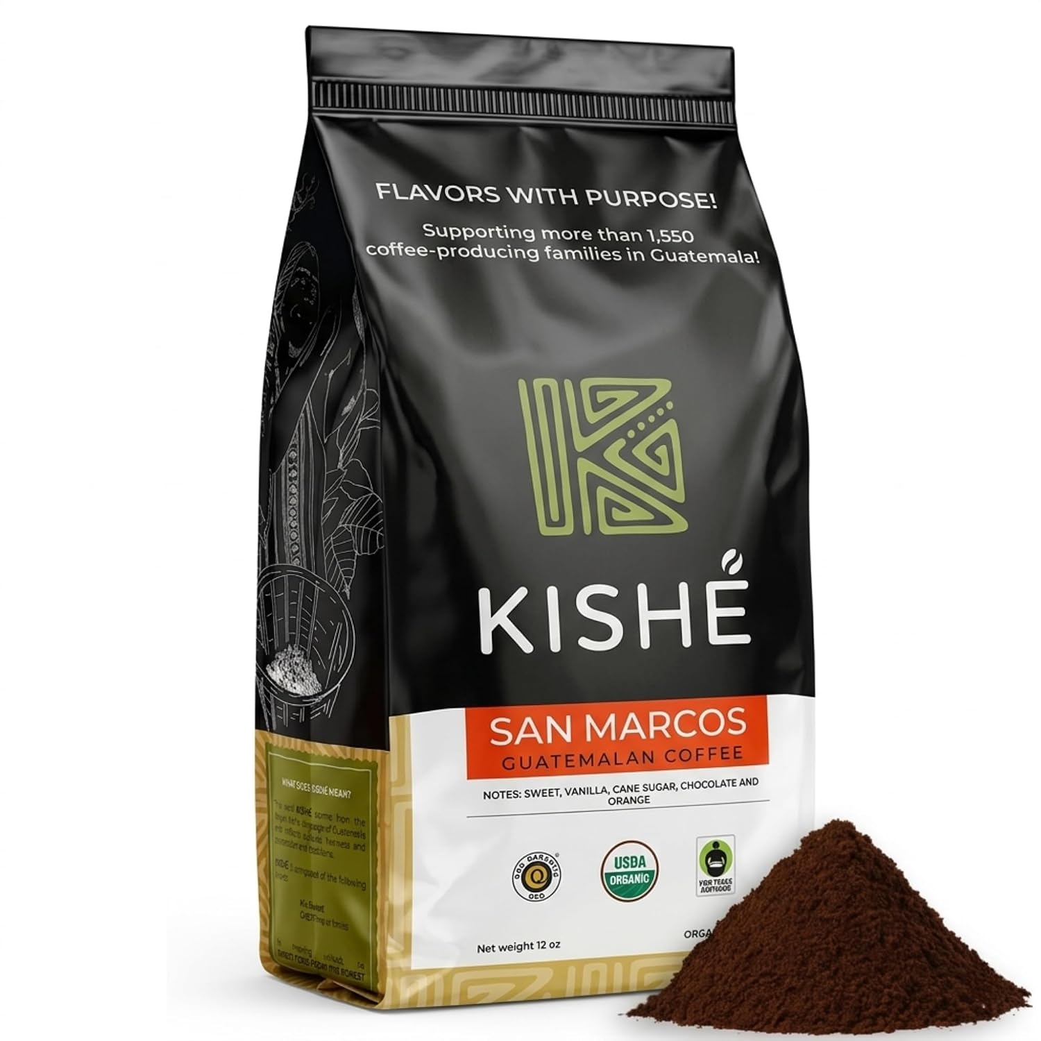 Kishe Organic Ground Coffee, Medium Roast Whole Bean Coffee Ground, 12oz