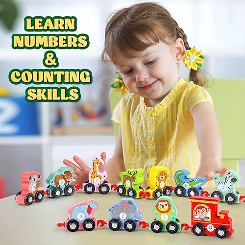 Miniatura 6 de EDUJOY Juguetes para niños de 2 a 3 años, juego de tren de animales de madera, juguetes Montessori para niños de 2 a 3 años, regalos de cumpleaños,