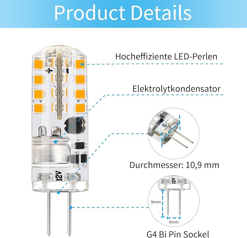 I-SHUNFA G4 LED Izzó 12V 1,6W - Meleg Fehér 2700K 180LM - Energiatakarékos Halogén Helyettesítő - 360° Szórás Páraelszívókhoz - 10db Csomag