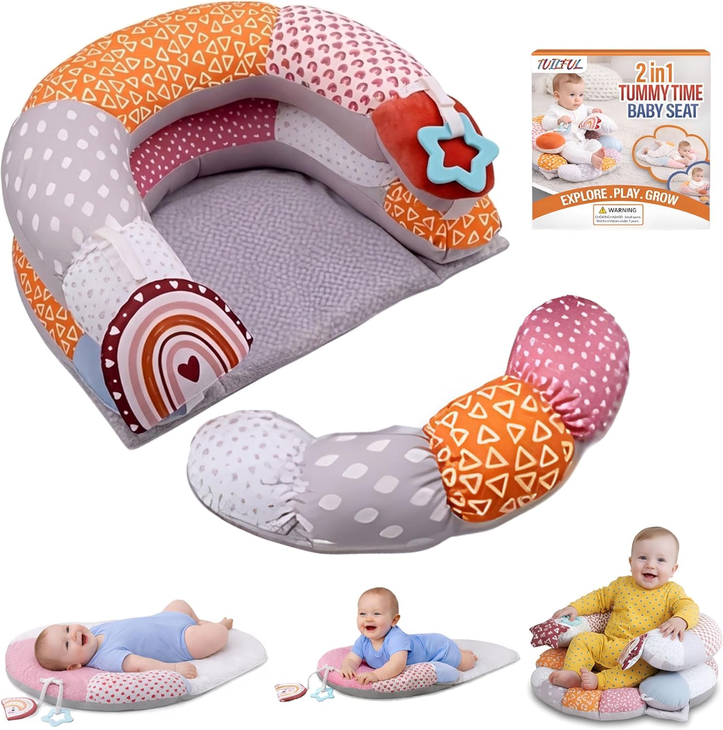 2 in 1 Tummy Time Pillow & Mat | Baby Support Seat with Detachable Prop Cushion | Baby Sitting Support & Baby Floor Seat & Mat | Gift for Babies and Baby Shower